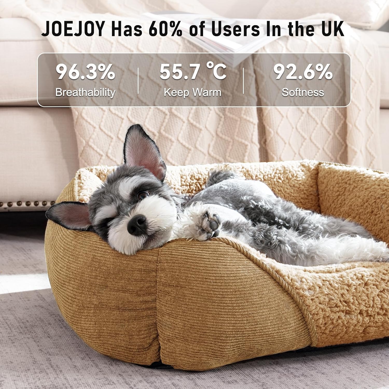 Detalle de JOEJOY Medium Dog Cat Bed with Warm Lamb Fleece – 63x53x21cm, Brown
