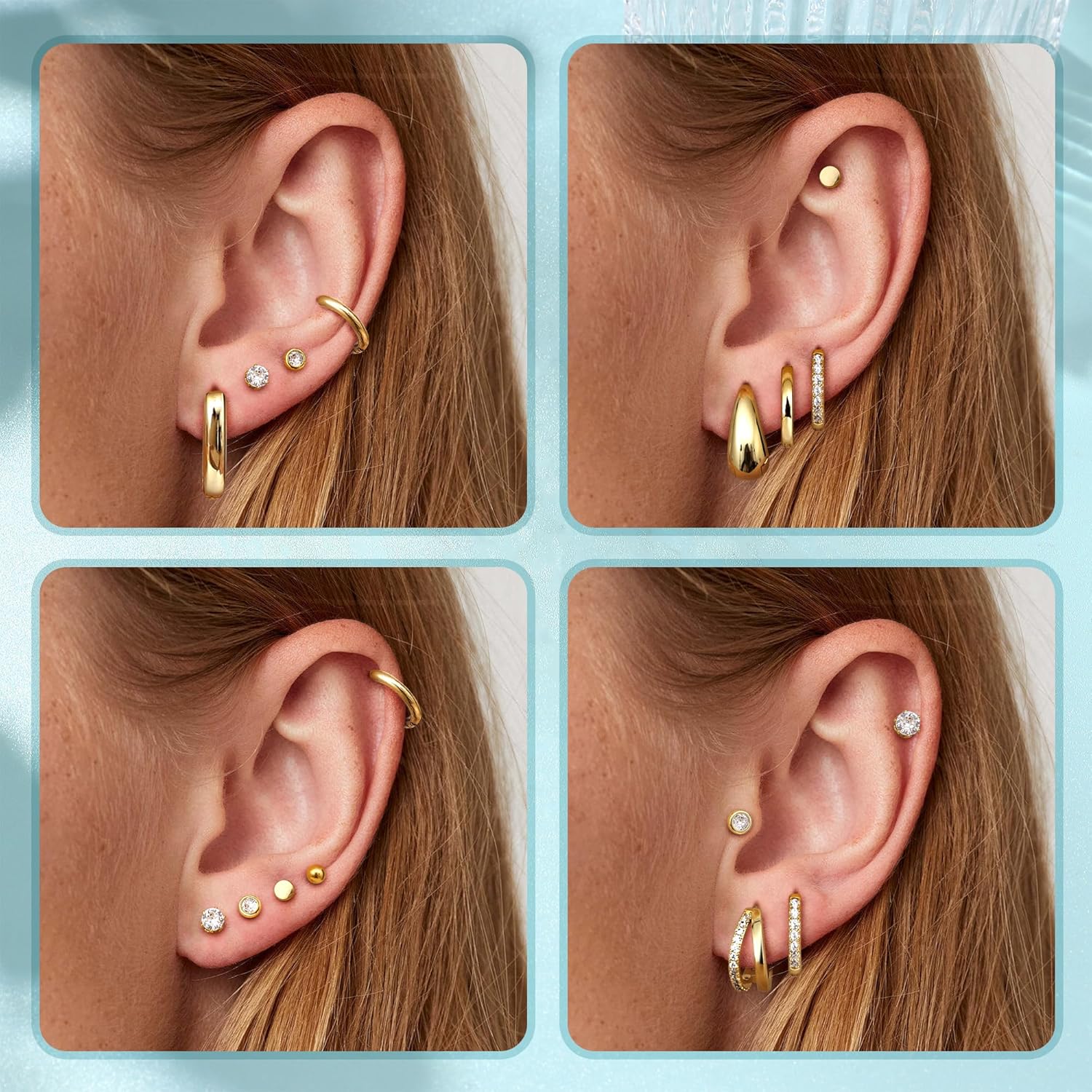 Thumbnail 4 de Dochais Ohrringe-Set (10 Paar) in Gold/Silber: 316L Chirurgenstahl, 14k vergoldet & Zirkonia – für mehrere Piercings