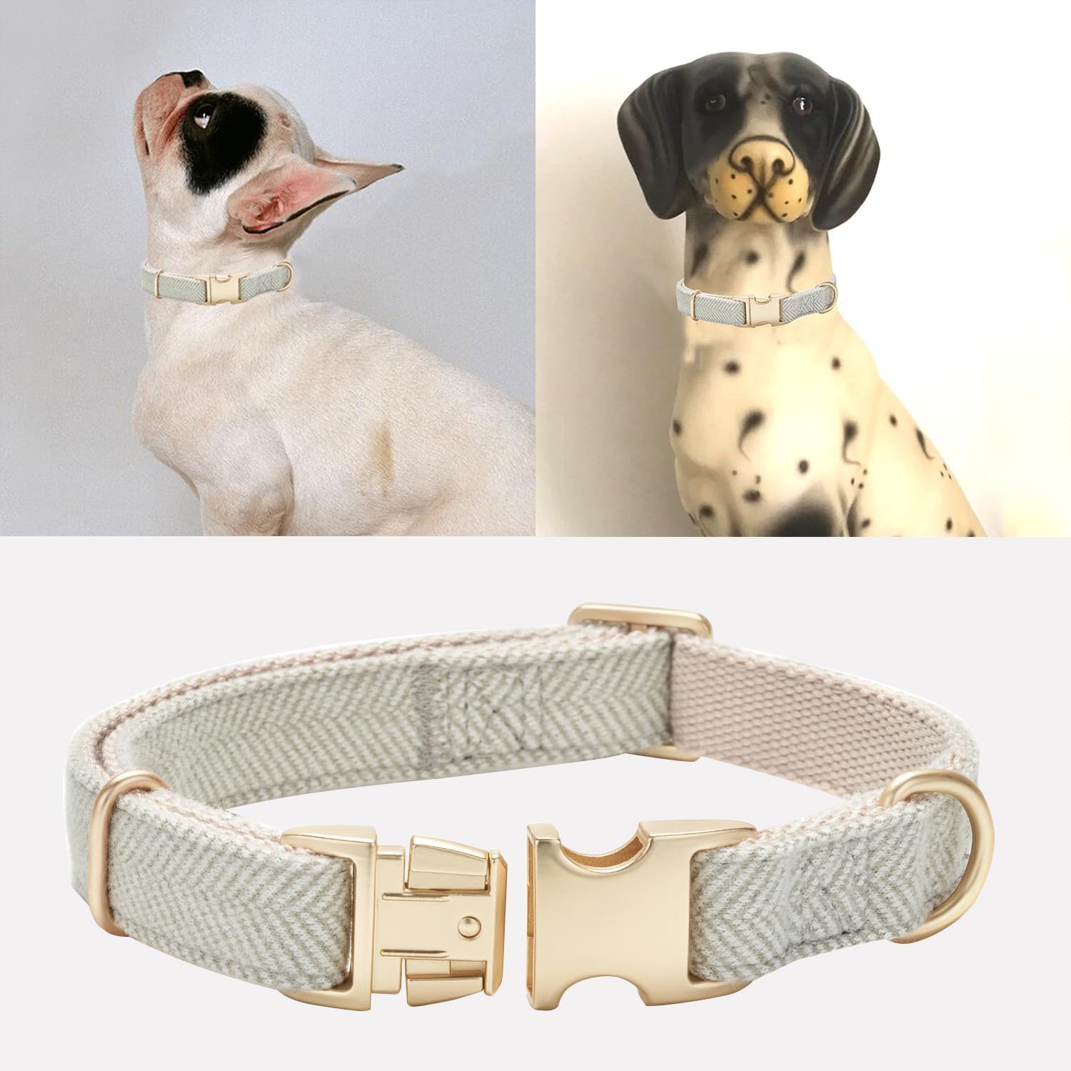 Detalle de Petiry Tweed Herringbone Dog Collar with Metal Buckle for Small Dogs (25–38 cm) – Grey