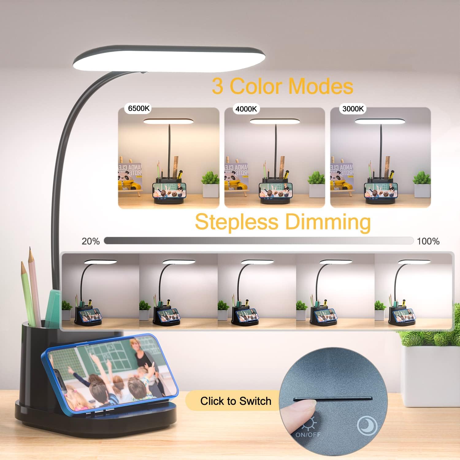 Detalle 2 de Schreibtischlampe Kinder mit 60 dimmbaren LEDs, Touch, USB-Anschluss & 360° Schwanenhals
