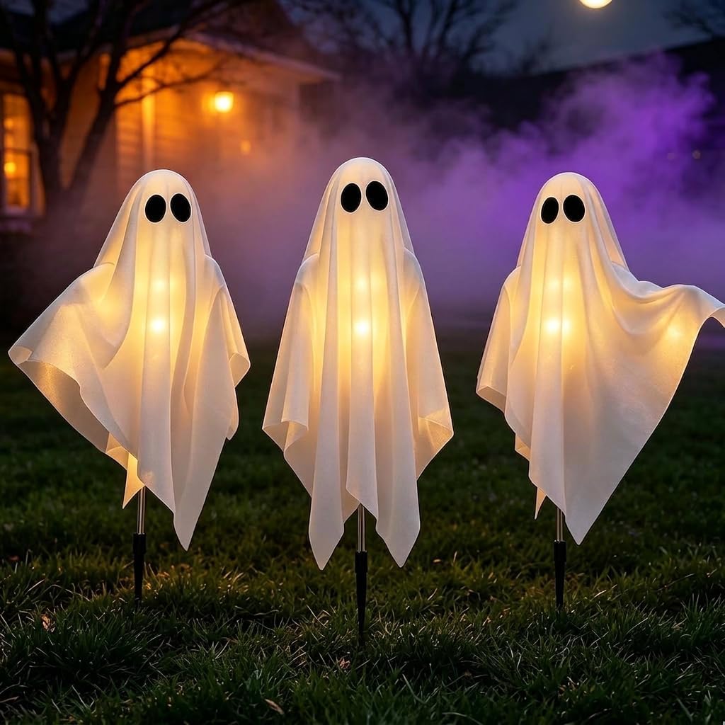 Detalle 2 de Albelt Solar Light Outdoor Ghost Halloween Lights, 3-Pack, Warm White, 8 Modes