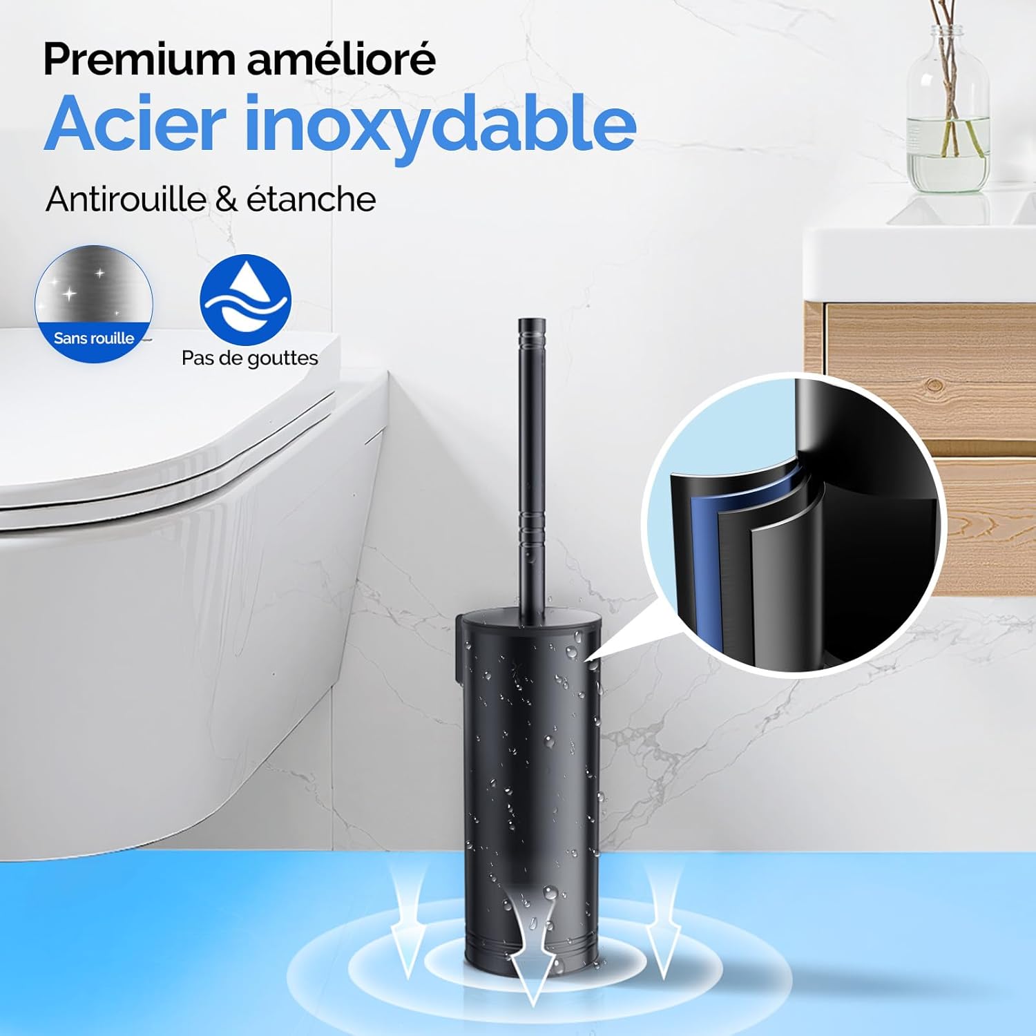 Thumbnail 2 de HAMITOR Edelstahl WC-Bürste-Set mit Wandmontage (ohne Bohren) – lange Griffstange, Schnell trocknender Halter