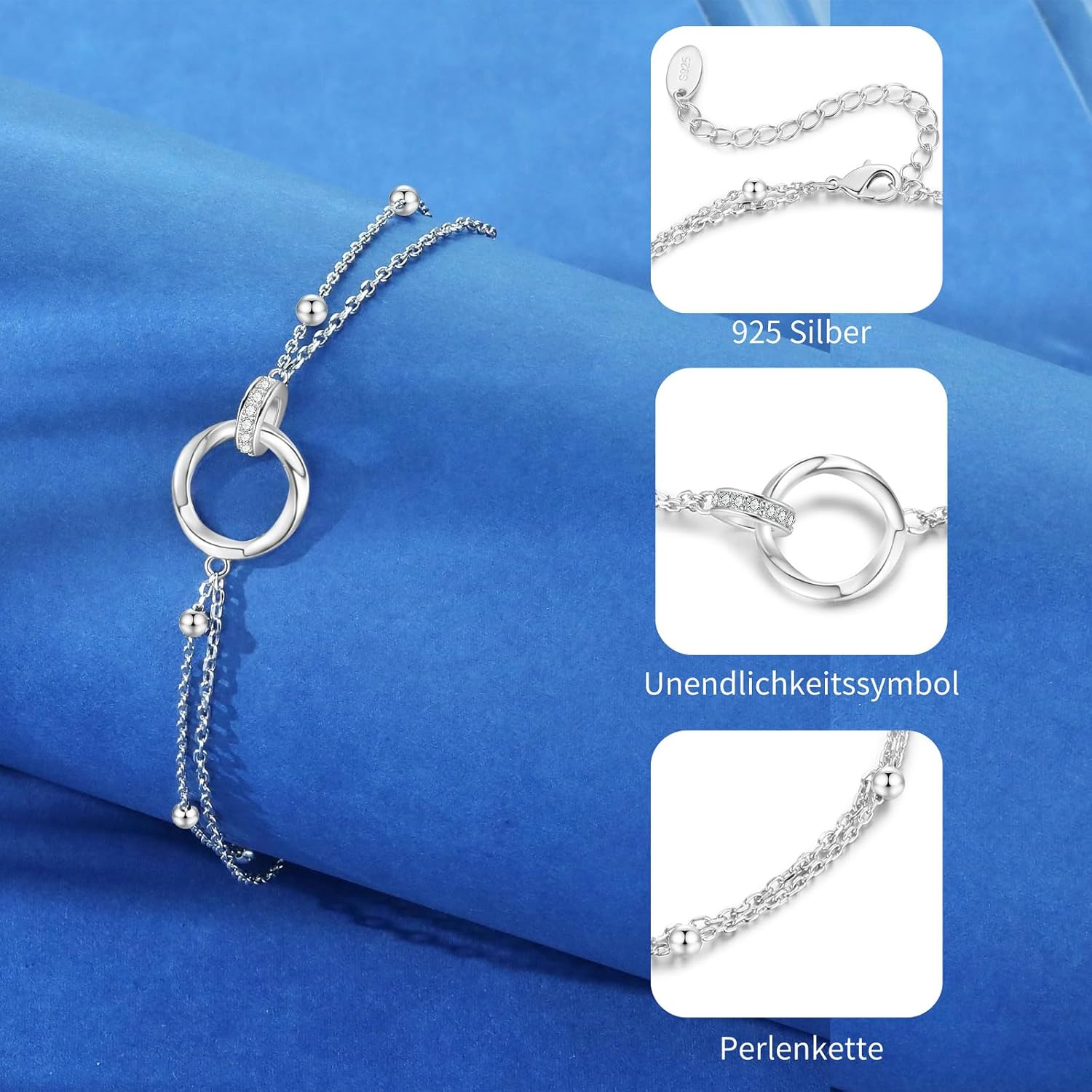 Detalle de JBniuay Damen-Fußkettchen 925 Sterling Silber mit Infinity-Herz, verstellbar 23+5 cm
