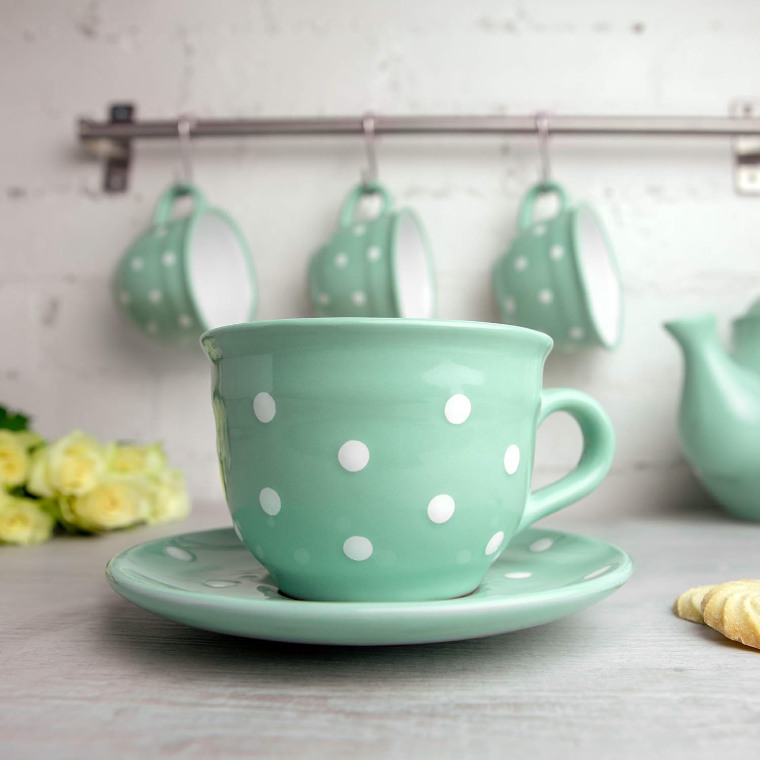 Detalle 2 de City to Cottage Teal Blue and White Polka Dot Spotty – Large Hand Painted Ceramic Cup with Saucer (12oz/350ml)
