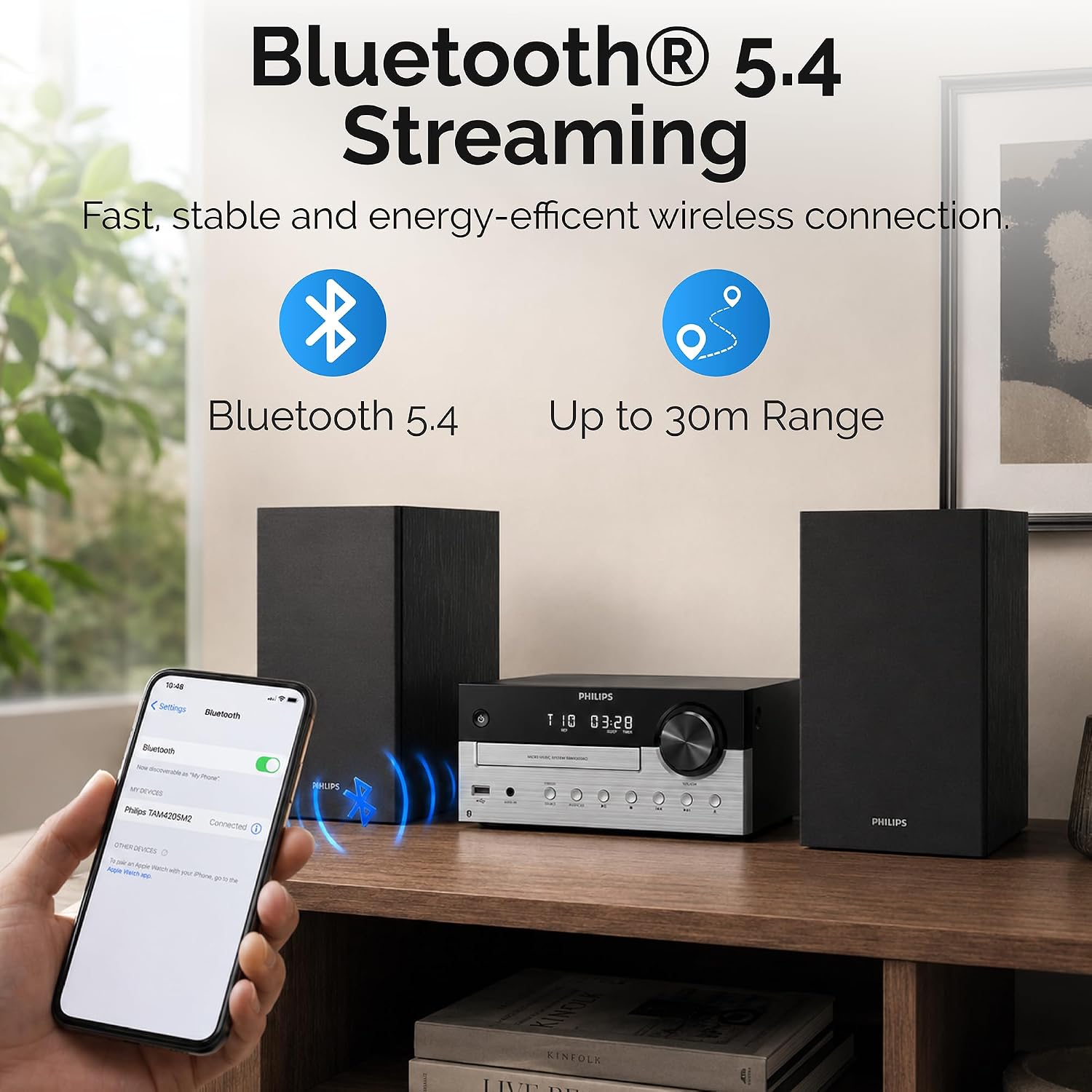 Detalle 2 de PHILIPS Bluetooth Stereo System Home CD Player with USB, FM Radio, Bass Reflex Speakers (60W) + Remote