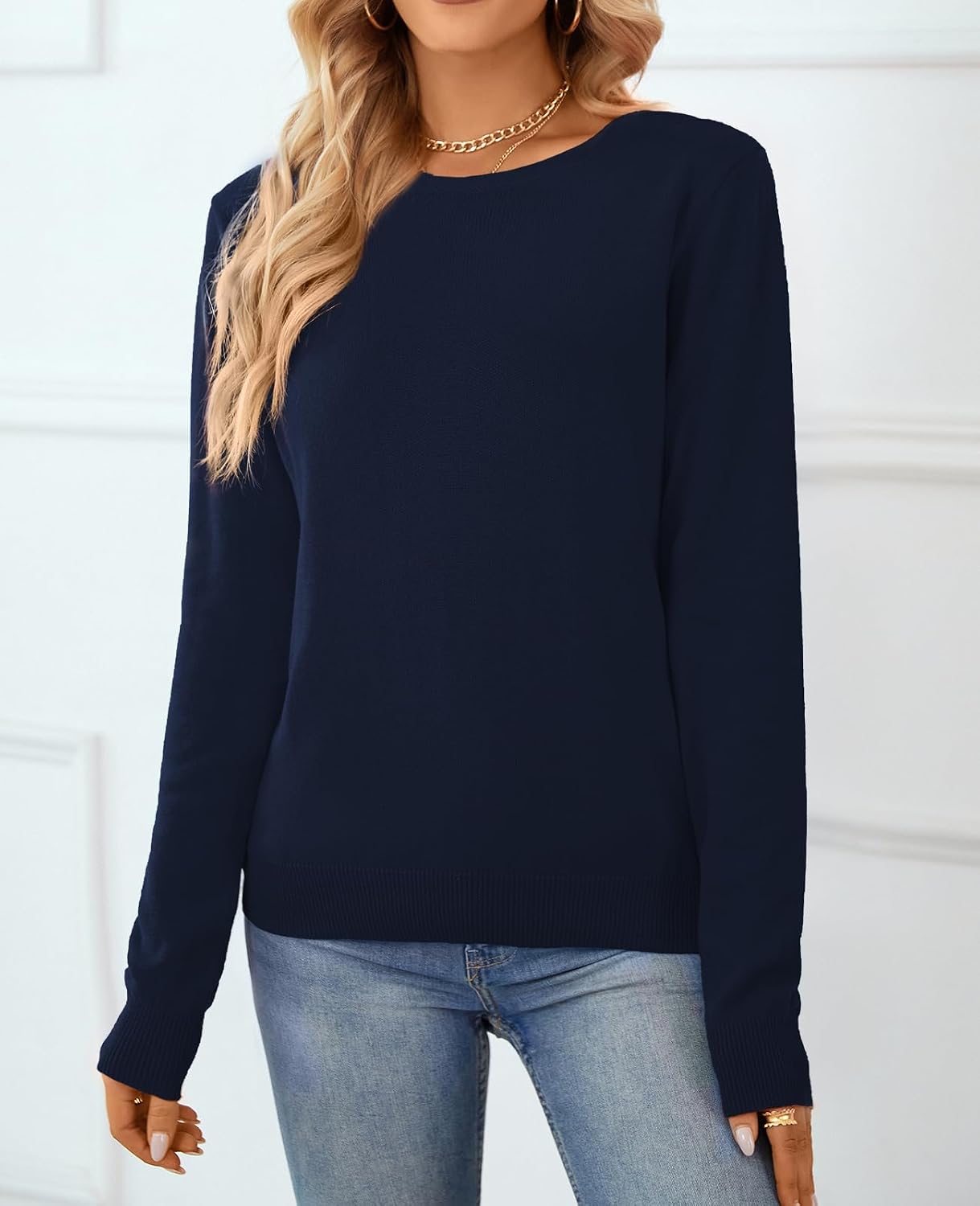 Detalle de QUALFORT Women’s 100% Cotton Crewneck Lightweight Sweater Pullover (Long Sleeve)