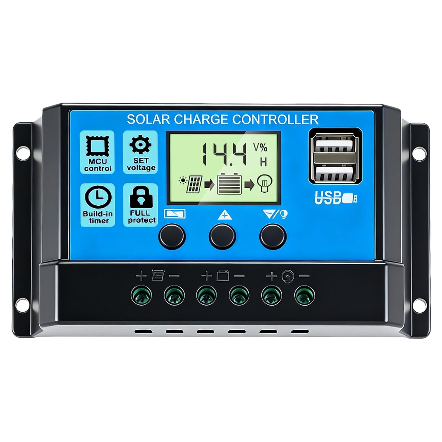 Detalle de AeternaSol 20A PWM Solar Charge Controller with Dual USB and LCD