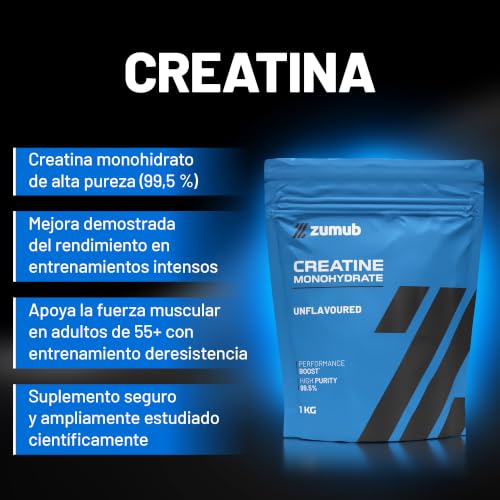Detalle 2 de Zumub Creatina Monohidratada en Polvo 1kg, 99,5% de pureza - 283 dosis