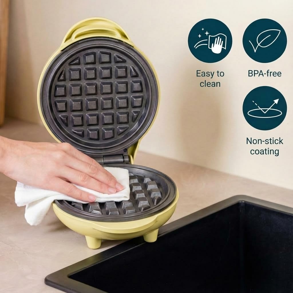 Detalle 2 de Bestron AMW500V mini waffle maker da 10 cm da 550 W con rivestimento antiaderente (giallo)
