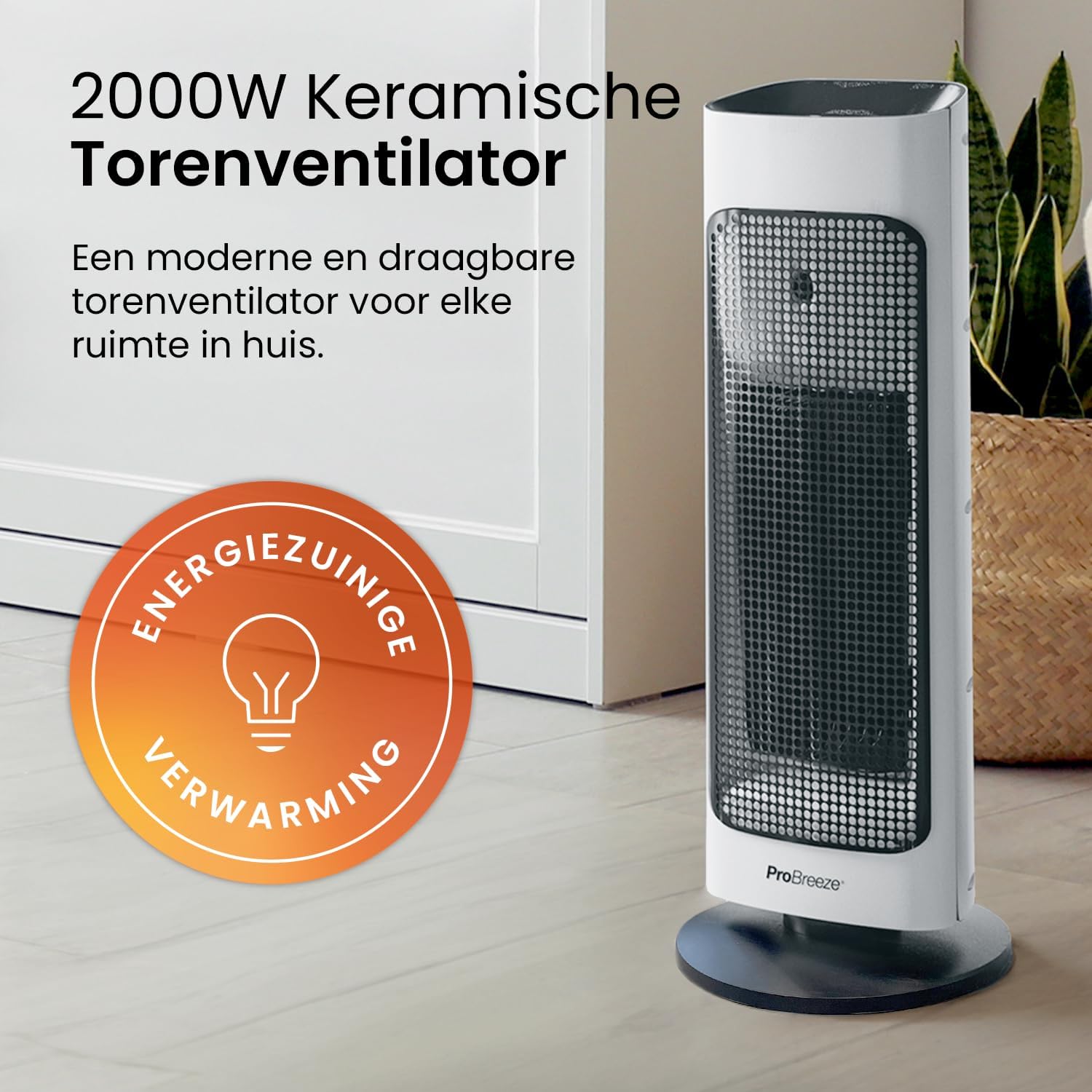 Detalle de Pro Breeze keramische torenverwarming 2000 W met display, afstandsbediening en timer