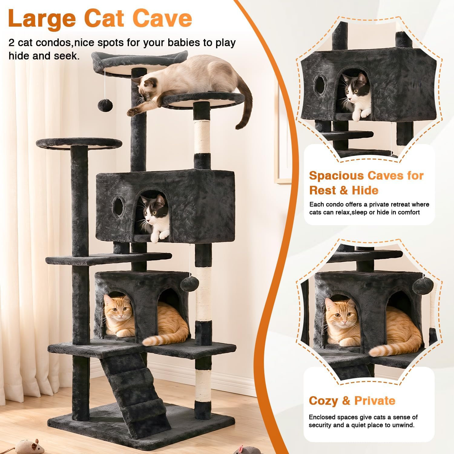 Thumbnail 4 de FDW Cat Tree 54-Inch Tower with Sisal Posts, Condo and Plush Perches