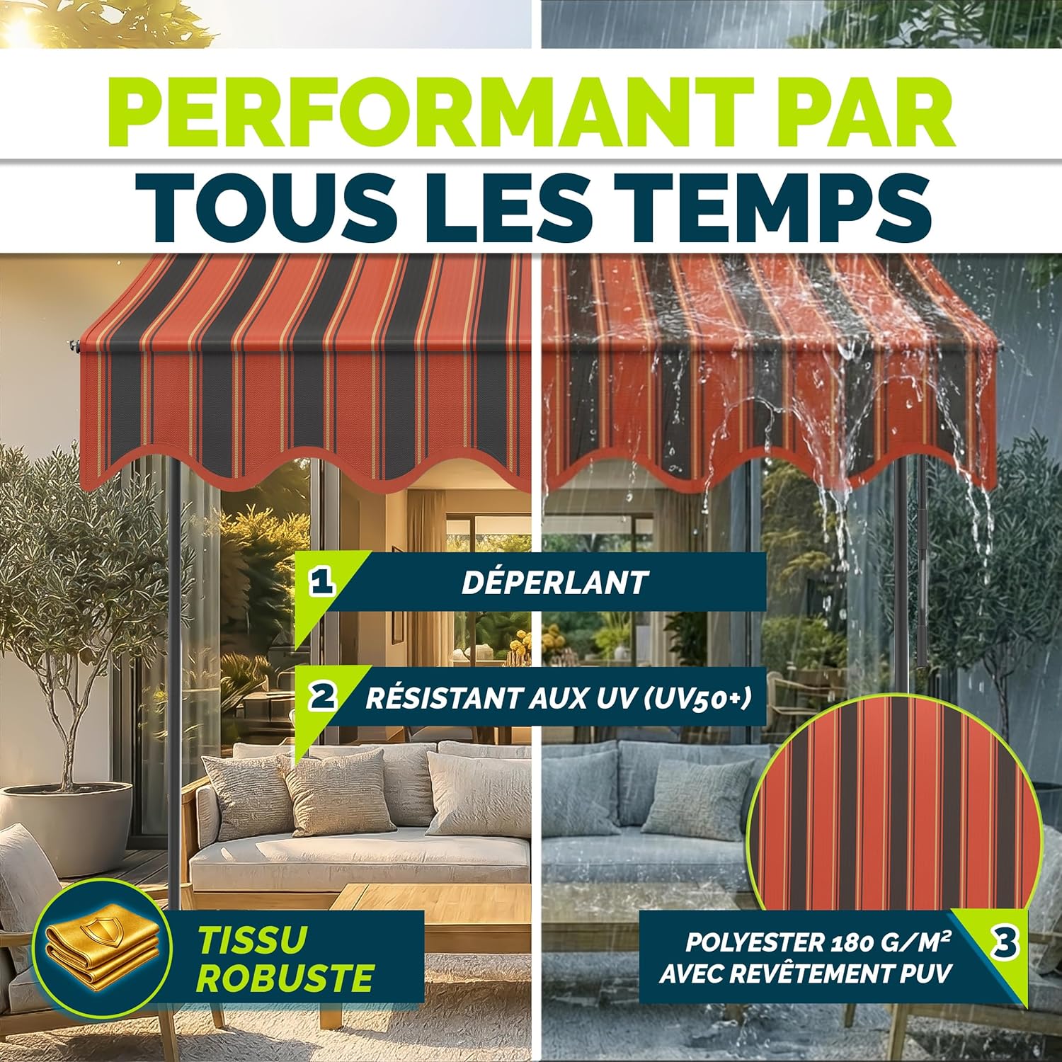 Thumbnail 3 de Store banne manuel rétractable tillvex avec manivelle (Orange/Anthracite) – marquise de balcon sans percement – 200 cm
