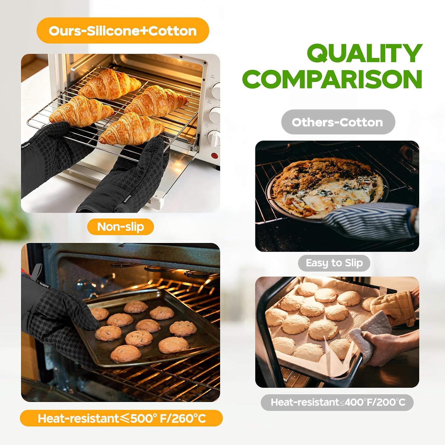 Detalle 2 de Yeqqzq 6-piece oven mitts and pot holders set with non-slip silicone, extra-long gloves (black)