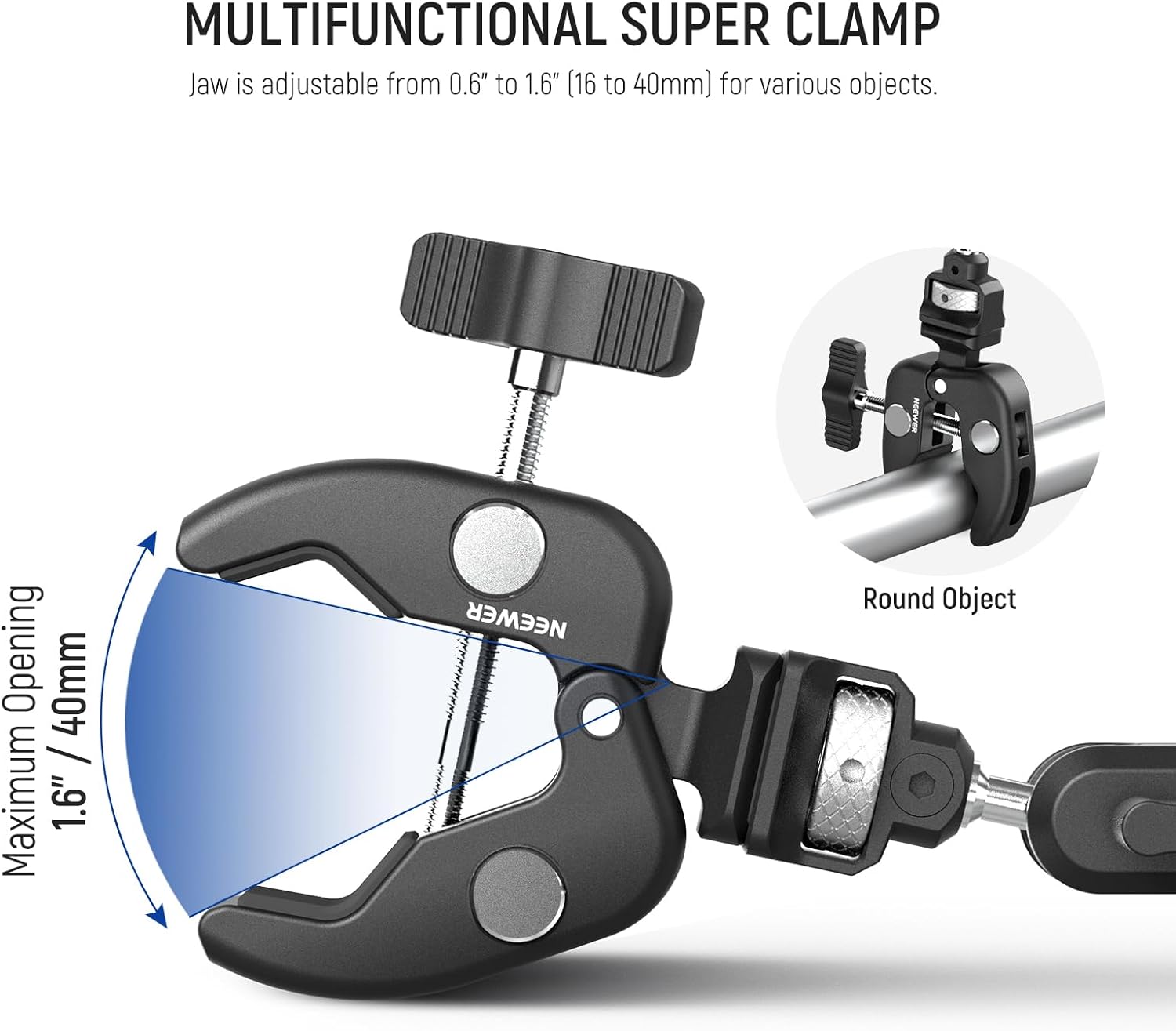 Detalle de NEEWER Super Clamp UA060 mit Magic Arm, NATO-Schnittstelle und Cold-Shoes für Studio-Fotografie & Lichtstative