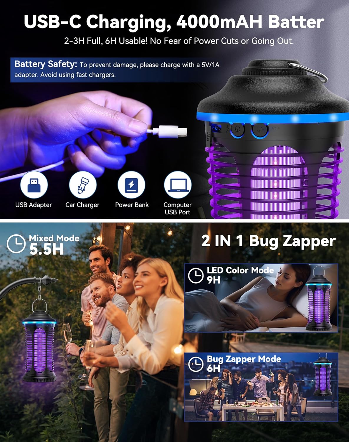Thumbnail 6 de Regevo Insektenvernichter Elektrischer 2 in 1 – Mückenfalle mit 2000V Hochspannung, IPX4, 4000 mAh Akku