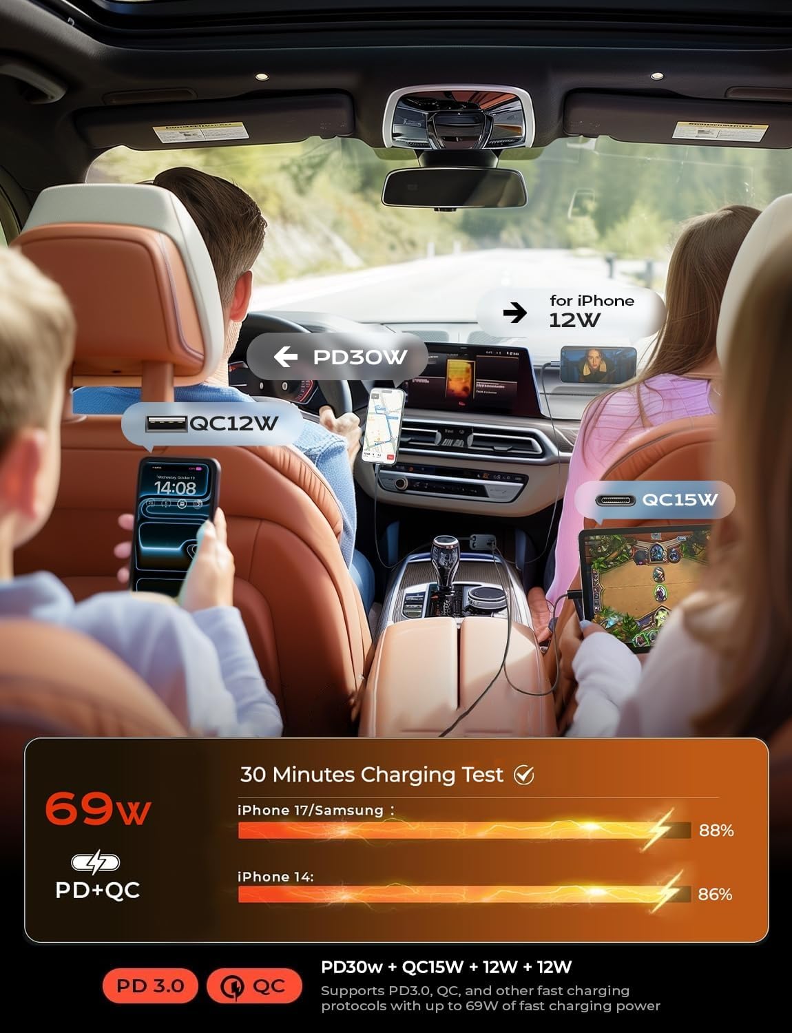 Thumbnail 5 de LISEN Retractable Car Charger: 50-Inch 4-in-1 USB-C Car Charger with 69W Power
