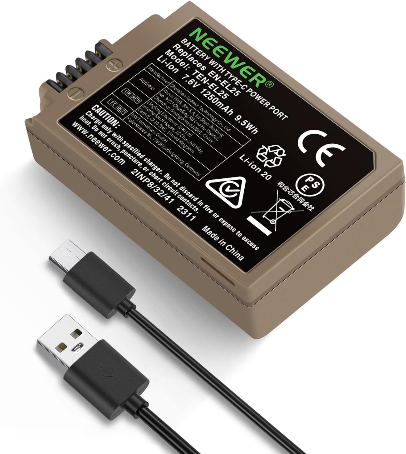 Batterie de remplacement NEEWER EN-EL25 (1250 mAh) pour Nikon Zfc, Z30, Z50 + charge via USB-C MH-32