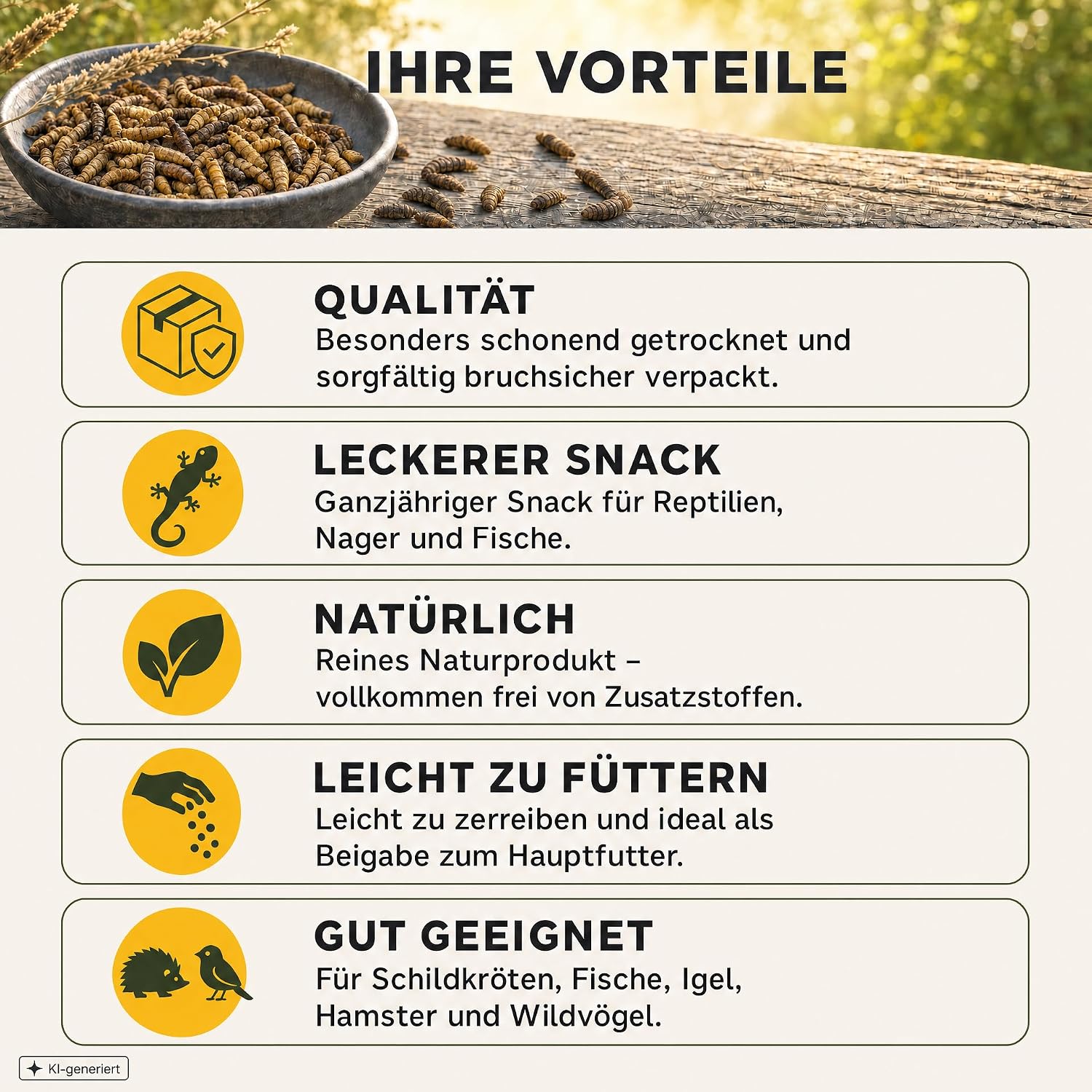 Detalle de EWL Getrocknete Soldatenfliegenlarven 1 kg (6,5 L) – Natürliche Fütterungslösung für Reptilien, Nager und Fische