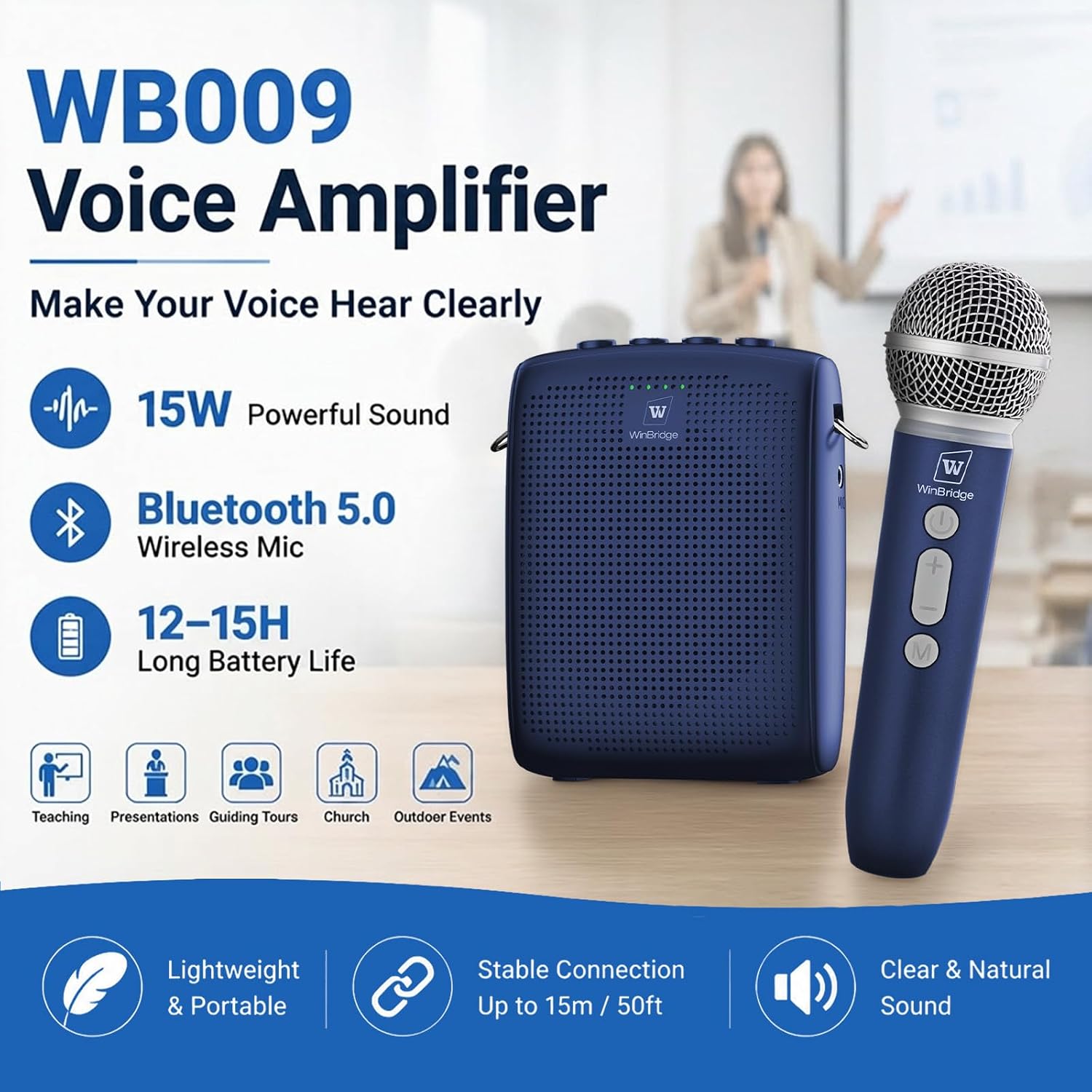Detalle 2 de WinBridge WB009_Blue Voice Amplifier with Wireless Mic, 15W, Blue
