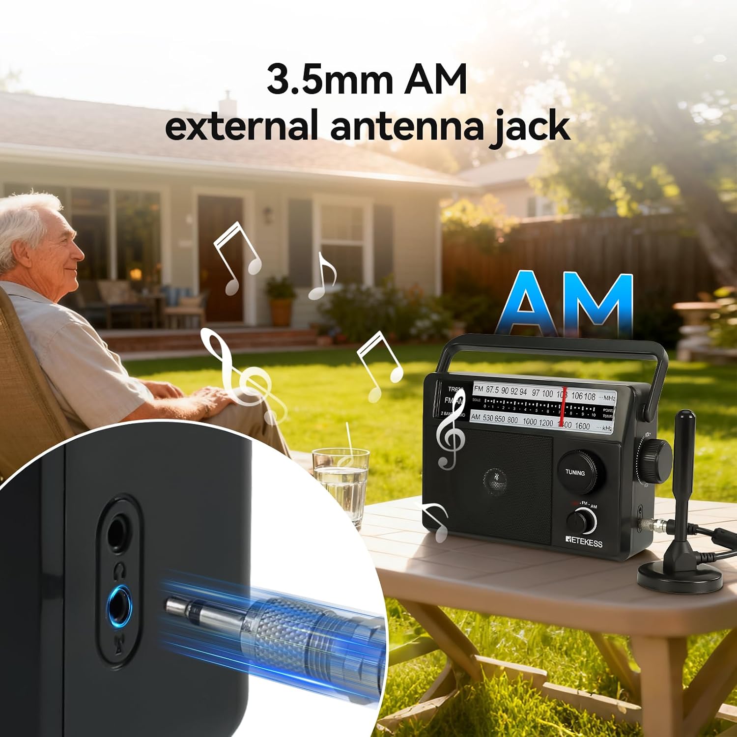 Detalle 2 de Retekess TR633 radio portatile AM/FM con jack per cuffie