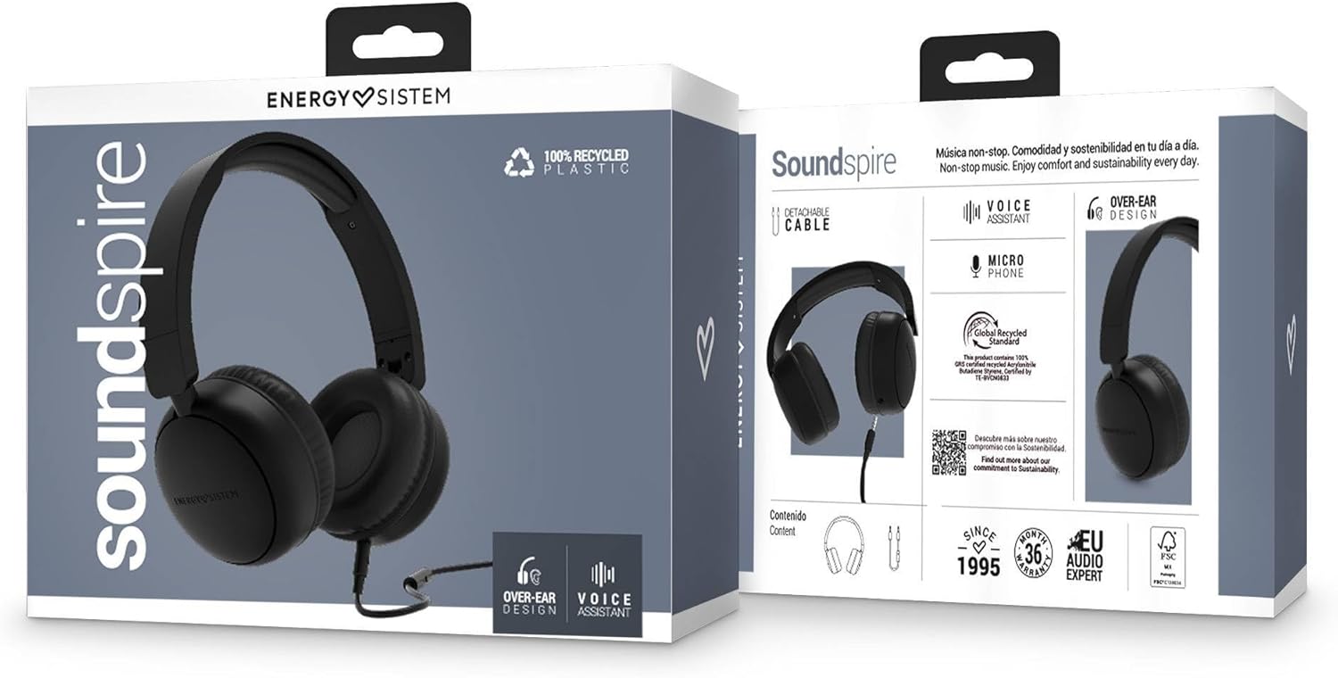 Thumbnail 5 de Energy Sistem Soundspire Kopfhörer – 100% recycelter Kunststoff, abnehmbares Kabel, Mikrofon und Sprachassistent (Schwarz)