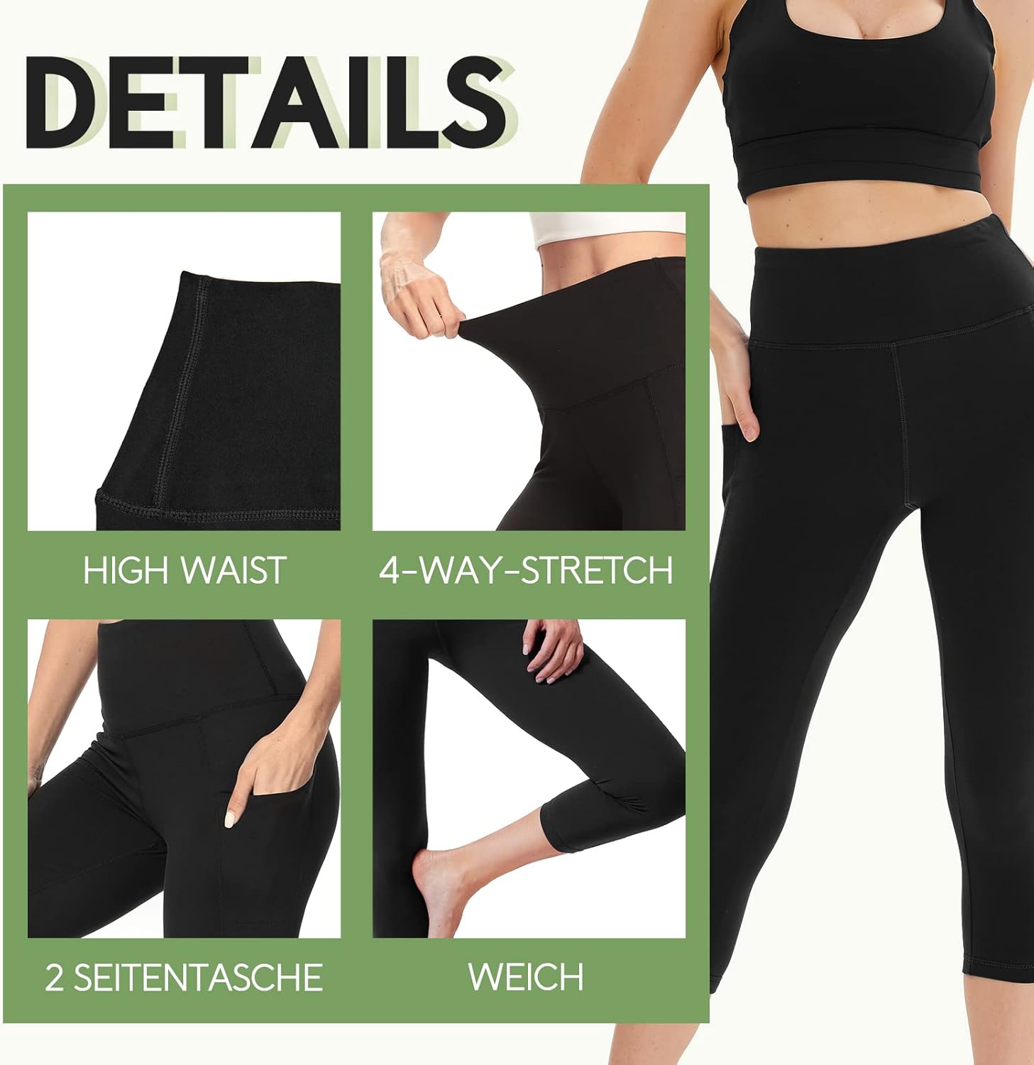 Detalle de FOTOCITI Damen Leggings Capri mit Taschen – Hoher Bund, blickdicht, 3/4 Länge