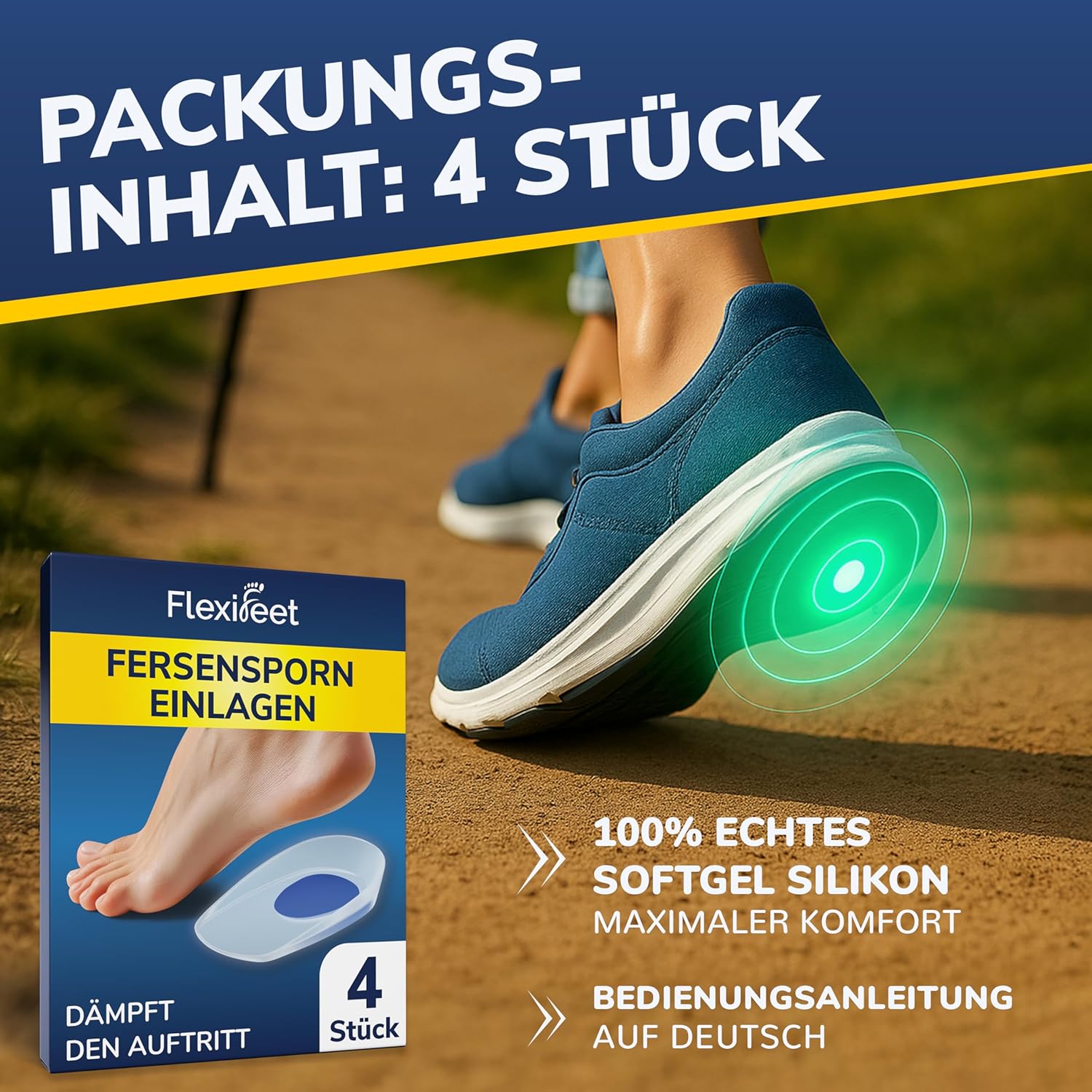 Detalle de FLEXIFEET© Fersensporn Einlagen mit Gelkissen (4 Stk) – Fersenkeil für Damen & Herren, Größen S oder L