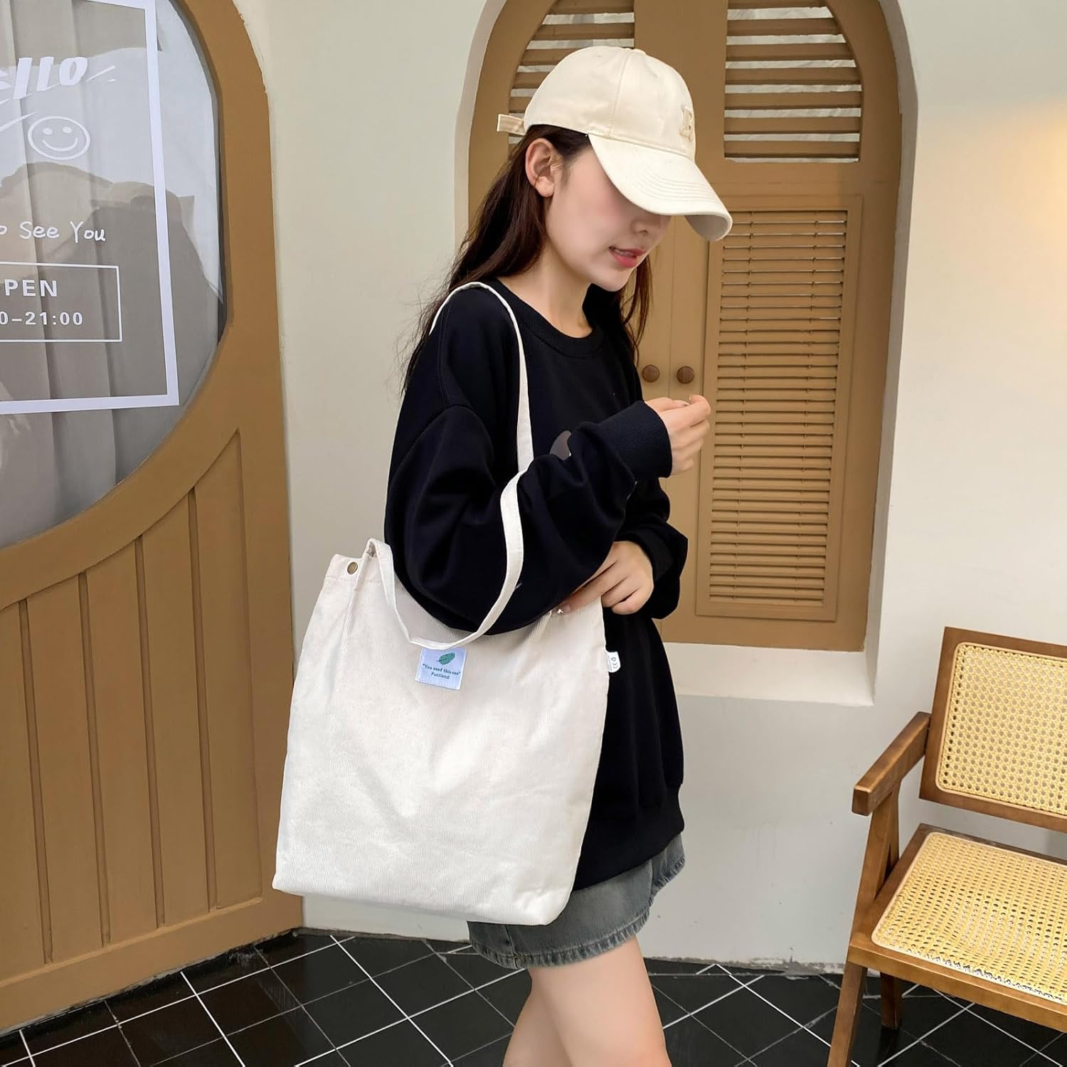 Thumbnail 6 de Funtlend Umhängetasche Damen Groß aus Cord mit gefütterter Jute – Shopper für Uni, Arbeit & Schule (Braun)