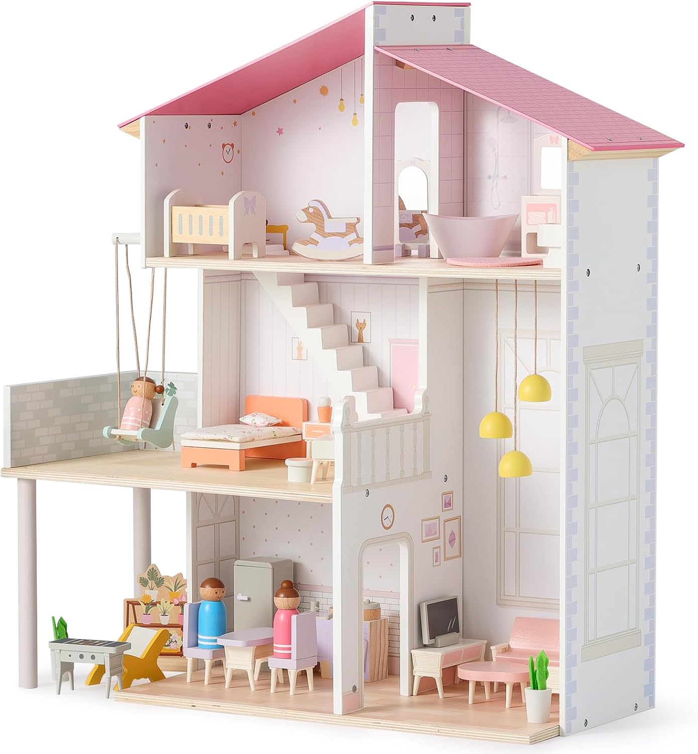 SainSmart Jr. Wooden Dollhouse with 37 Pieces 🏠