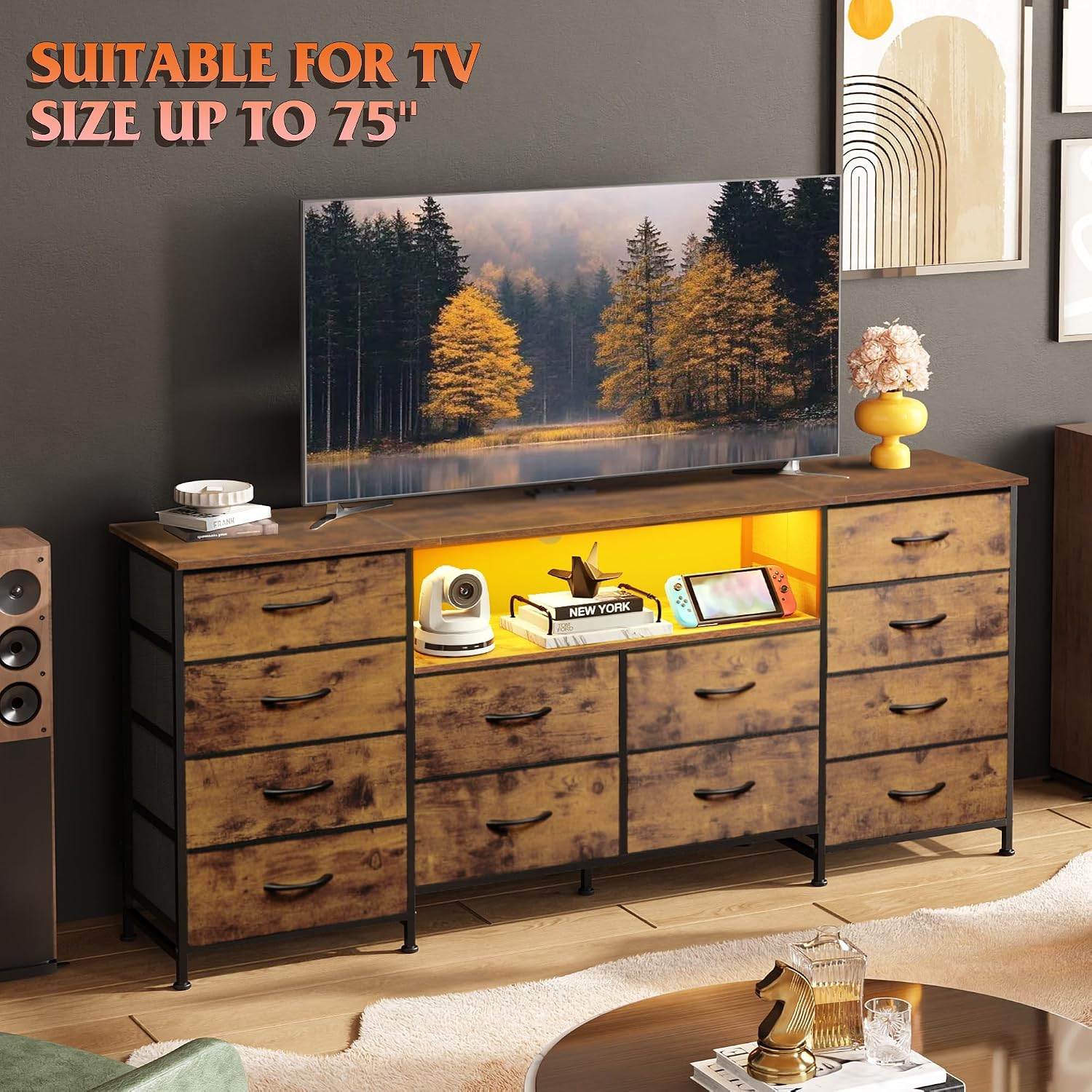 Thumbnail 2 de WLIVE 12-Drawer Dresser with LED Lights and TV Stand for 65–75 Inch Televisions