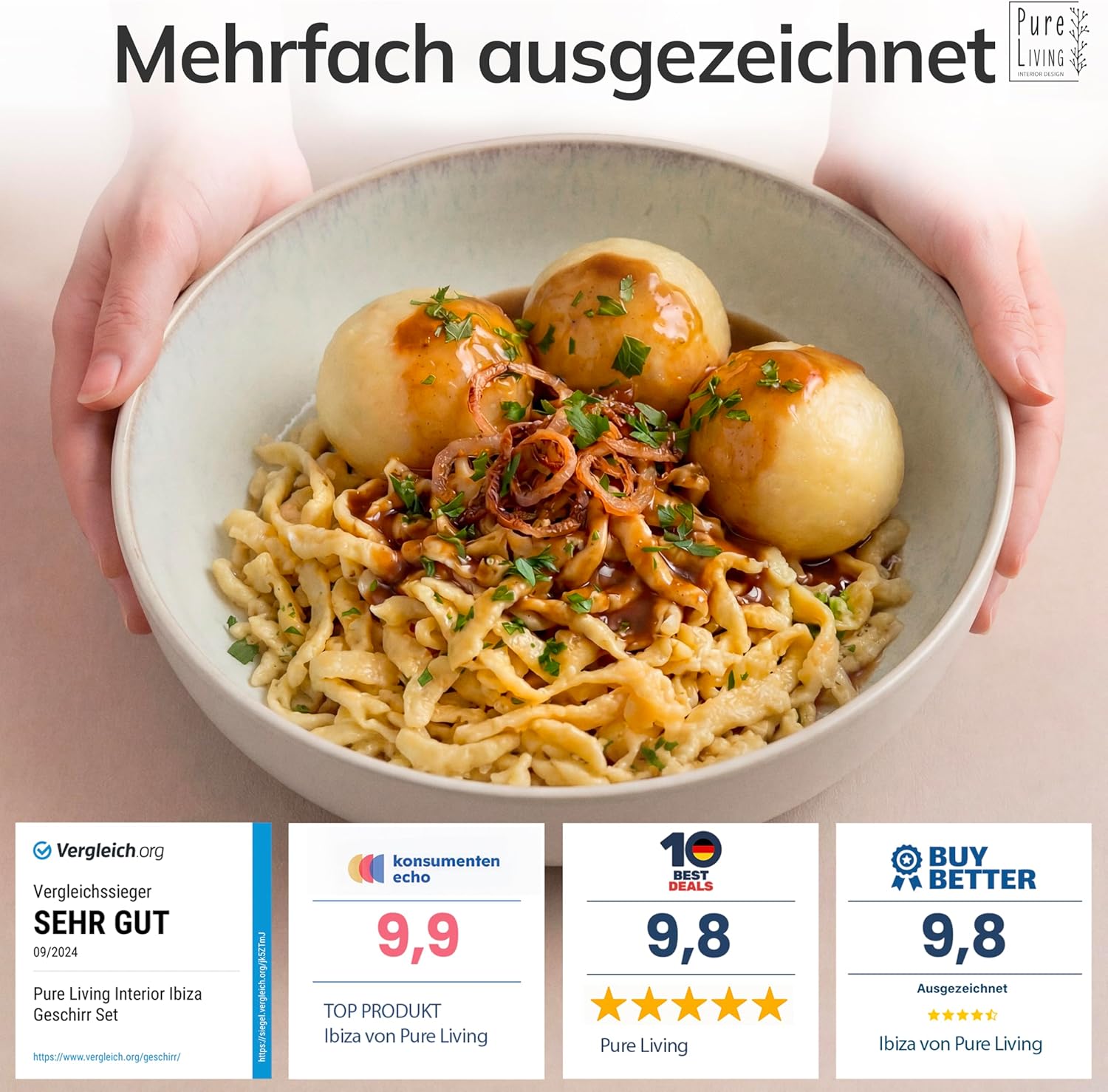 Detalle de Steingut Servierschüssel Ibiza – Großes Serving Bowl aus Steinzeug, TESTSIEGER in Beige