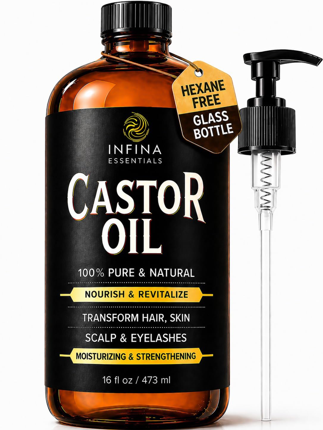 Detalle de INFINA ESSENTIALS Pure Cold Pressed Castor Oil (Hexane Free) — 16 fl oz Glass Bottle for Hair, Scalp, Skin & Eyelashes