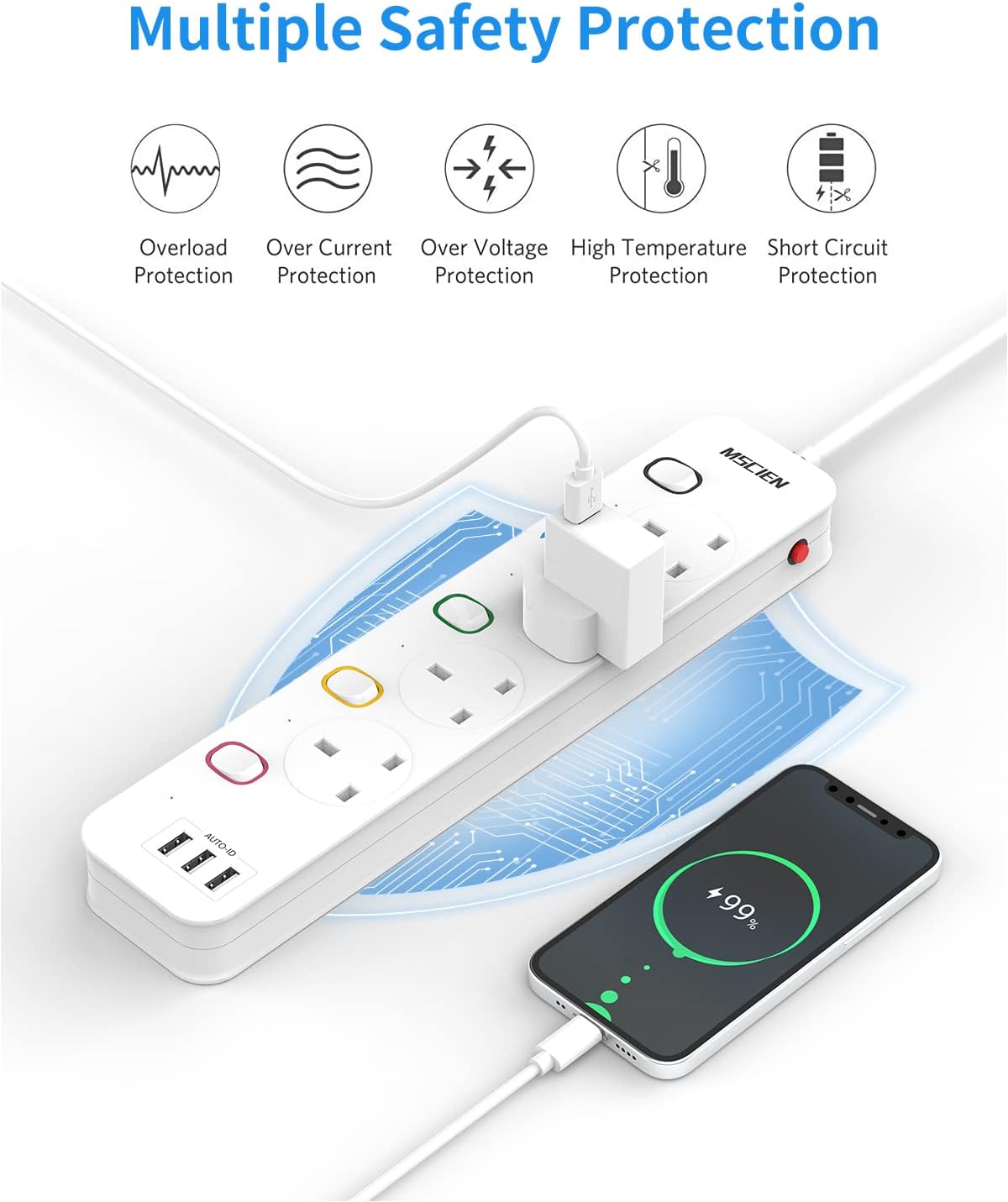 Detalle de Mscien Extension Lead 1.8m with 3 USB