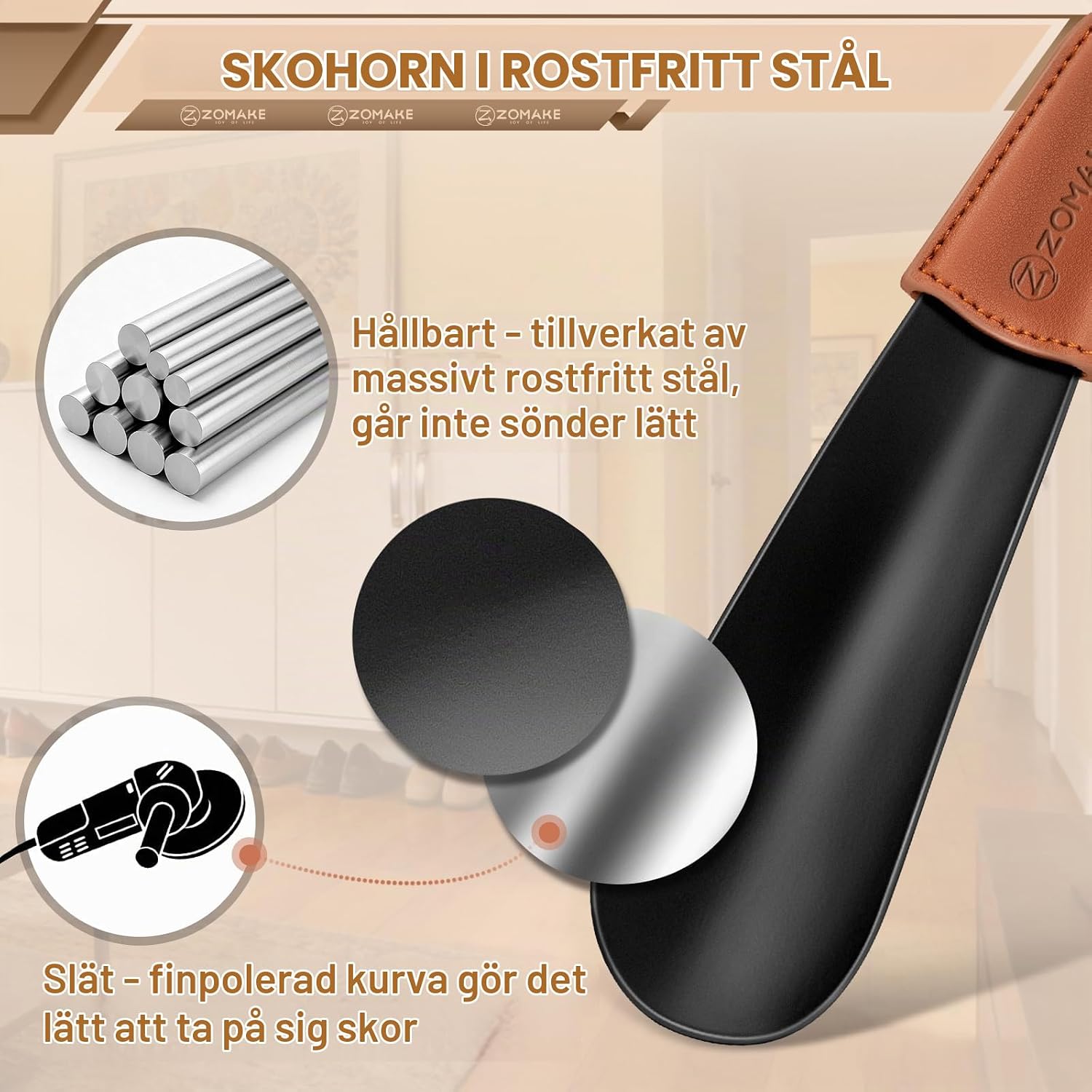 Detalle de ZOMAKE kort skohorn i rostfritt stål, 17 cm, svart med läderrem