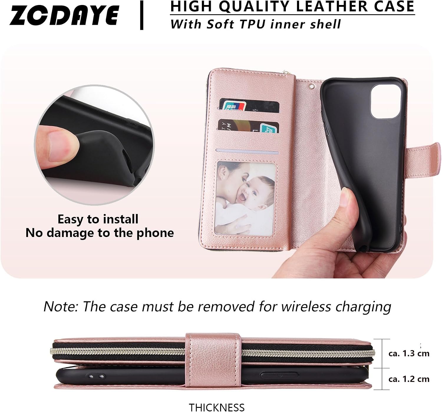 Detalle 2 de ZCDAYE Wallet Phone Case for iPhone 16 Pro Max – Premium Rose Gold Leather with Card Slots and Magnetic Closure