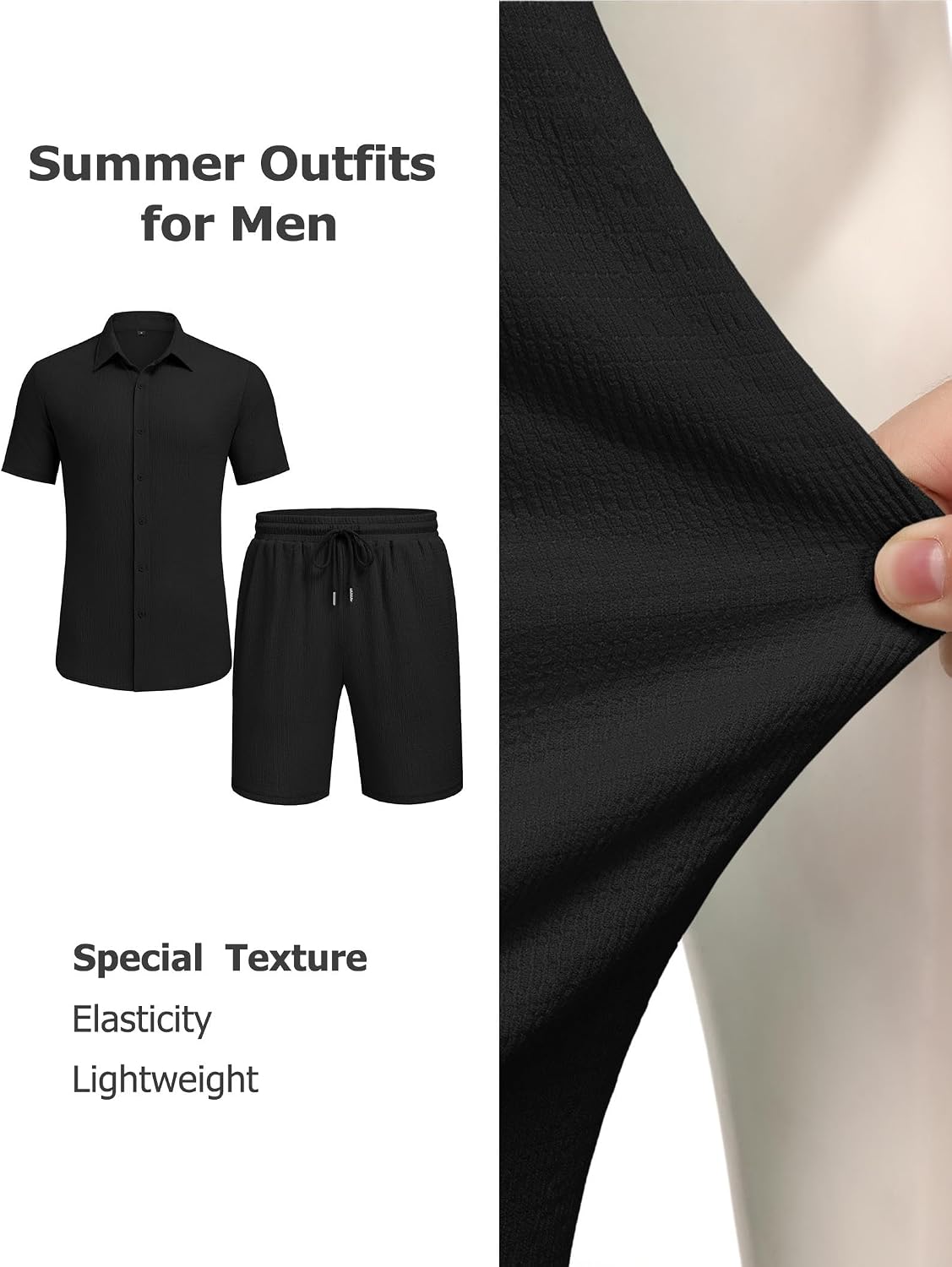 Detalle 2 de COOFANDY Men’s 2-Piece Shirt and Beach Shorts Set, Lightweight Textured Fabric