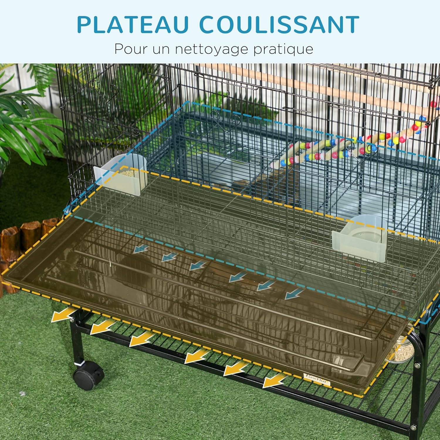 Detalle de PawHut Cage à Oiseaux avec Support à Roulettes – Volière Grande Taille 79x49x133 cm (Perruche/Canari), 10 Portes, Espacement 1 cm, Noir