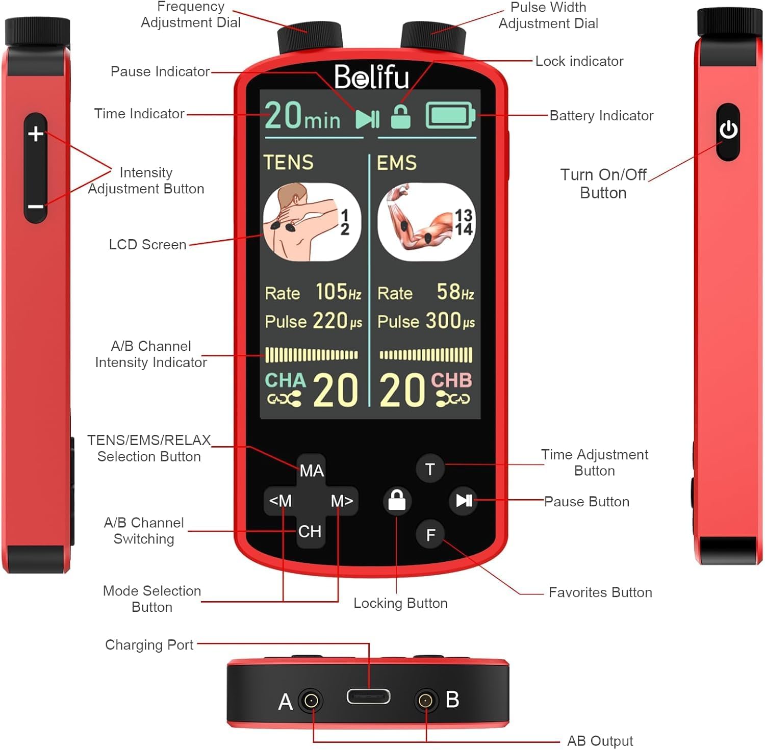 Detalle 2 de Belifu TENS EMS Unit with 3.8-Inch Color Display