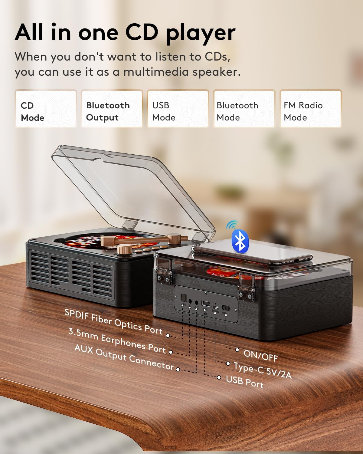Detalle 2 de CARONSORT Y-CD-Q146 CD Player with Speakers, Bluetooth and FM Radio