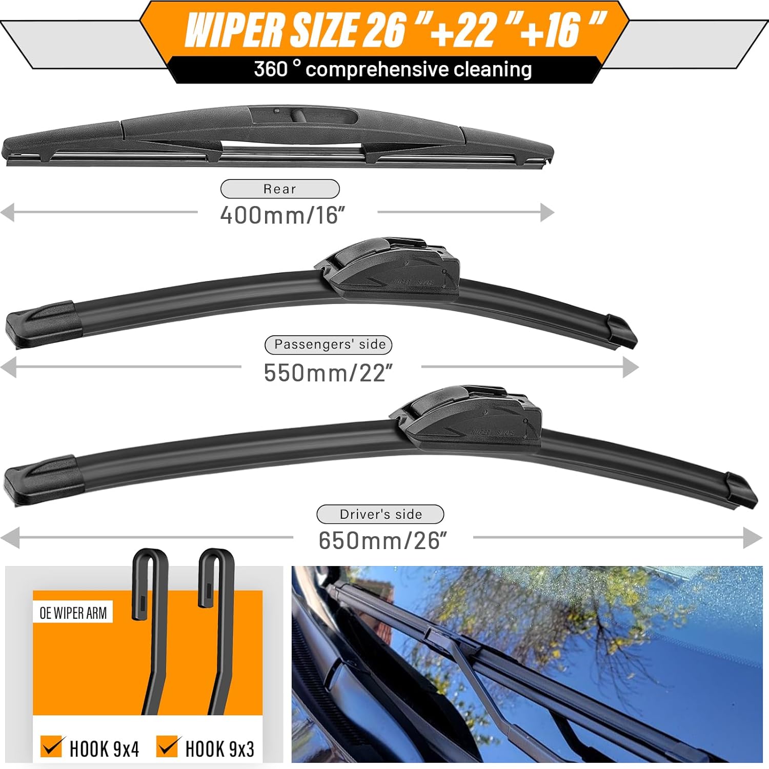 Thumbnail 2 de AUTOBOO 3-Pack Windshield Wiper Blades for Honda Odyssey (2005-2024) — 26"+22" Front and 16" Rear Replacement