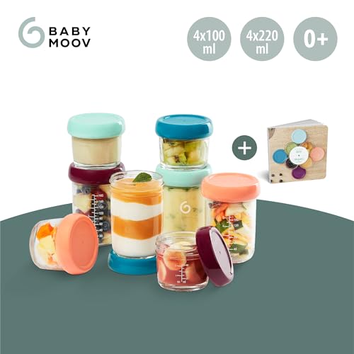 Detalle de Babymoov Babybols: tarros de vidrio para papillas, 4×220 ml + 4×100 ml + libro de recetas