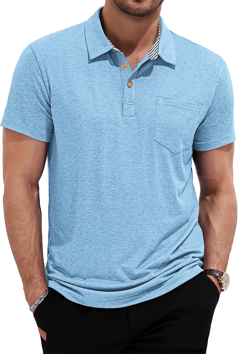 Detalle de TARAINYA Polo Uomo Maniche Corte Cotone Estate – Tasca Petto, Collo a Righe, 95% Cotone 5% Elastano, Taglie M-4XL