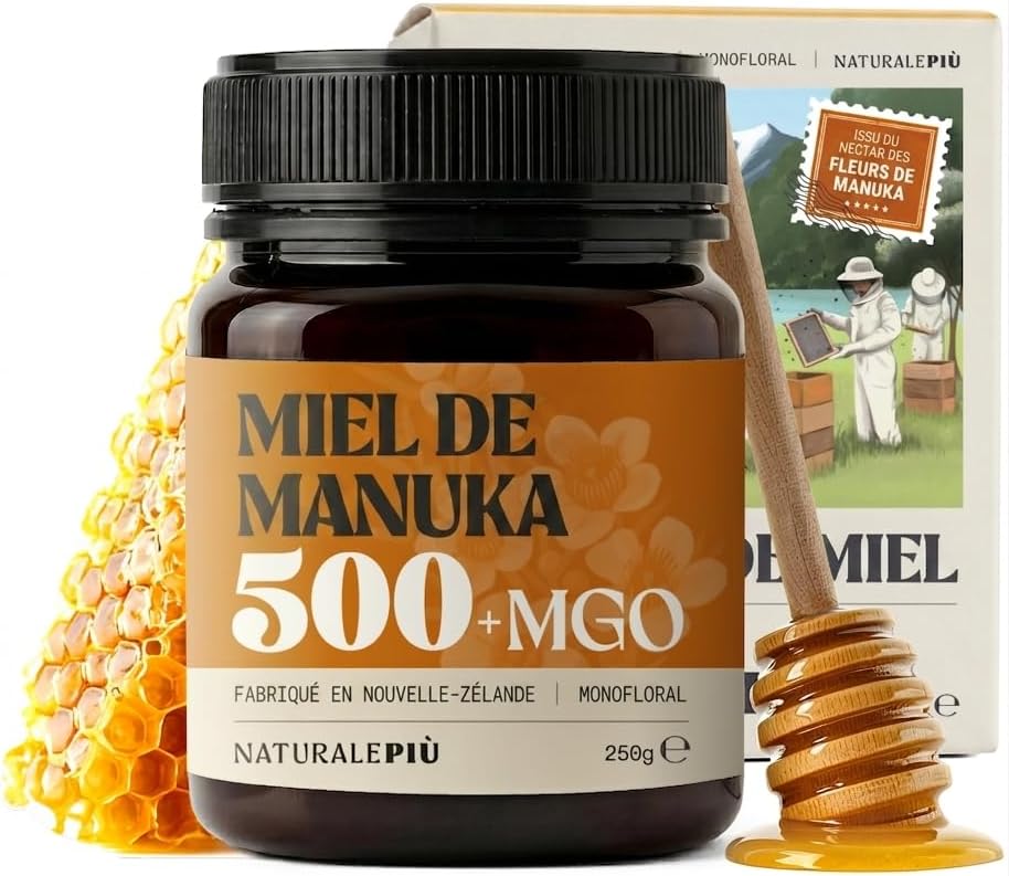 Detalle de NaturalePiù Miel de Manuka 500+ MGO (250 g) brut et bio de Nouvelle-Zélande