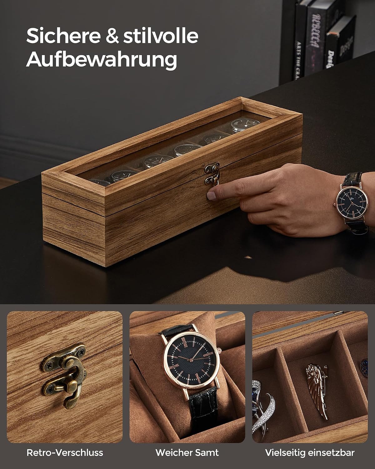 Detalle 2 de SONGMICS Uhrenbox JOW006K01 – Massivholz Uhrenkasten mit Glasdeckel, 6 Fächer, Walnuss