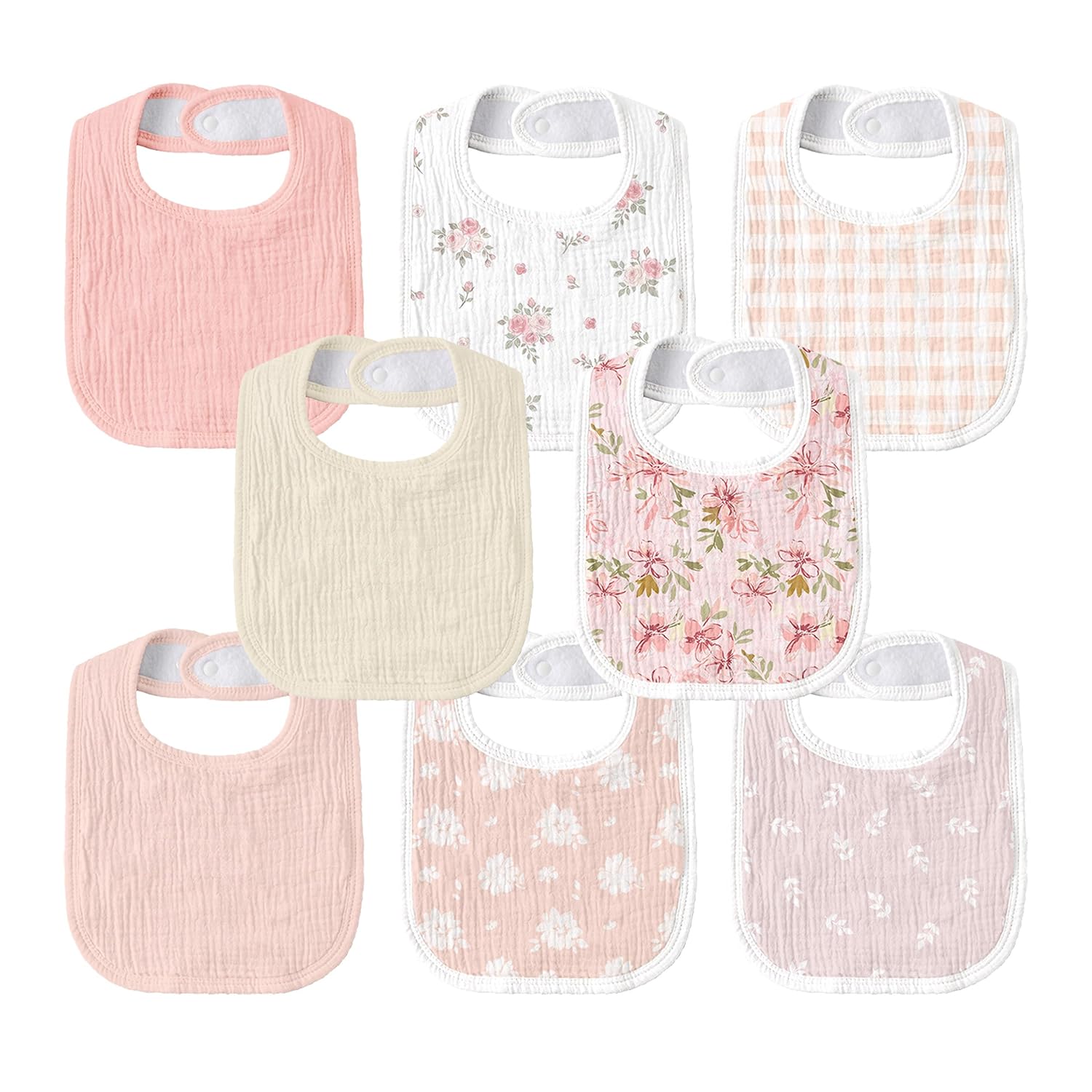 Detalle de GLLQUEN BABY Muslin Baby Bibs, 8-Pack with Adjustable Snaps and Fleece Back