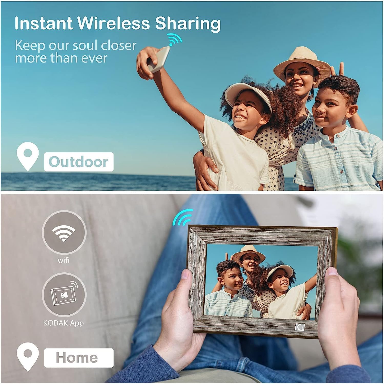 Detalle de KODAK Cadre Photo Numérique WiFi 10'' — Cadre Photo Bois avec Écran Tactile IPS, 32 Go, Partage via App