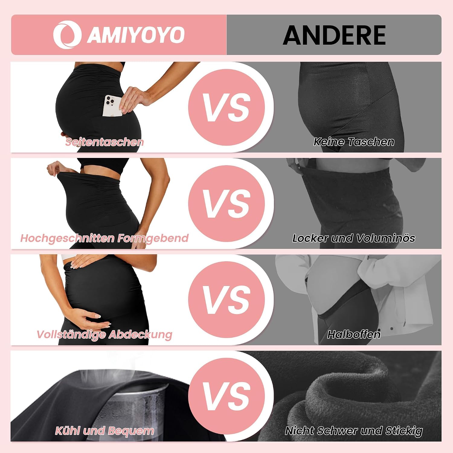 Detalle de AMIYOYO Umstandsleggings Kurz – High-Weniger Bauchunterstützung, blickdicht, atmungsaktiv
