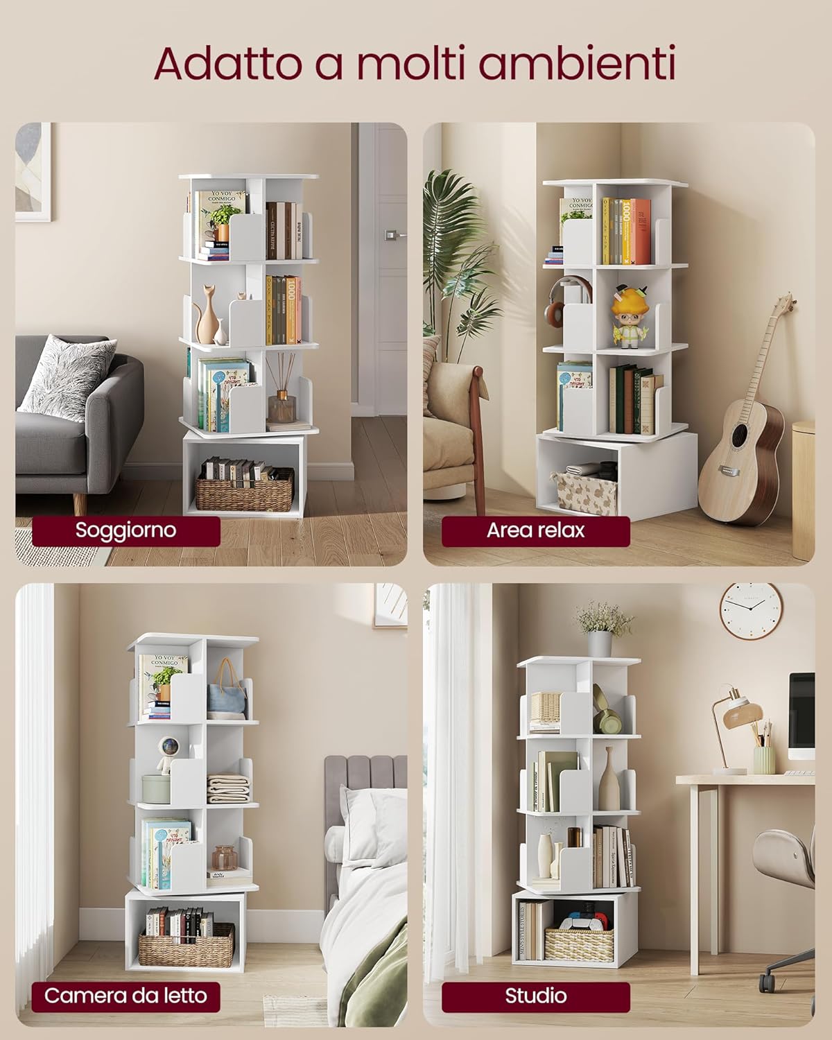 Thumbnail 6 de VASAGLE CUSTOS Collezione Libreria Scaffale Girevole a 360° 4 Ripiani, Bianco Nuvola LBC471WB01