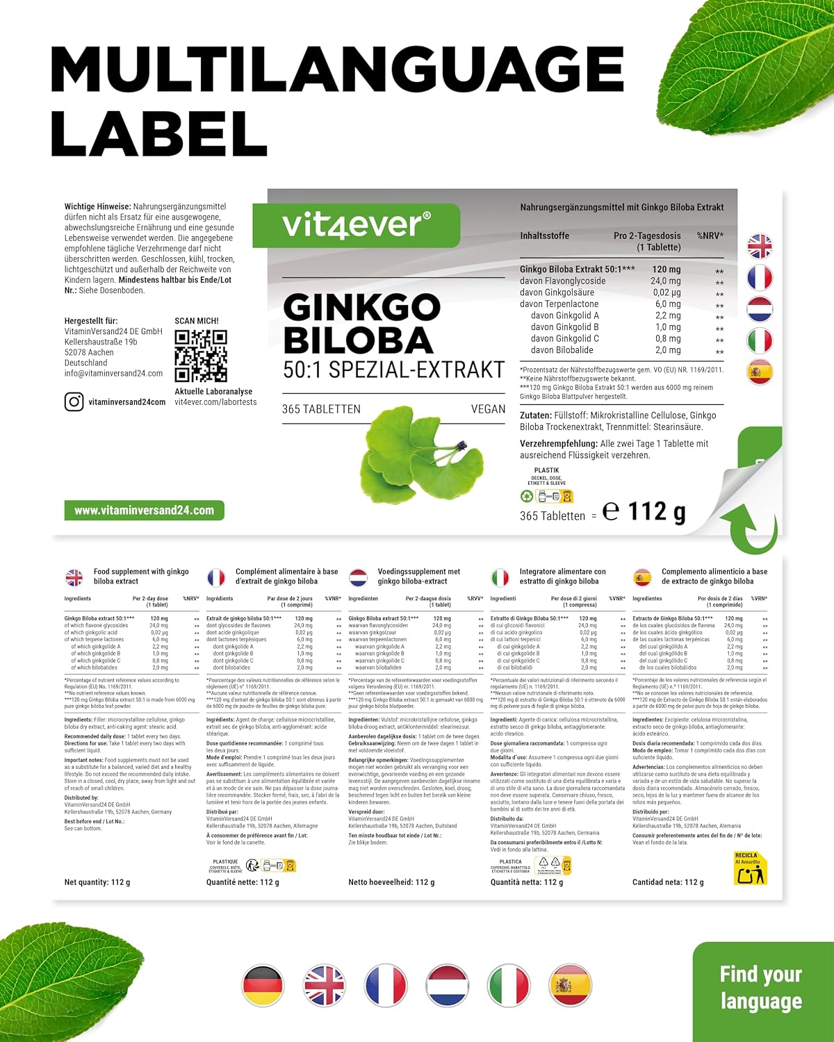 Thumbnail 5 de Vit4ever Ginkgo Biloba 6000 mg – 365 Tabletten 🍃