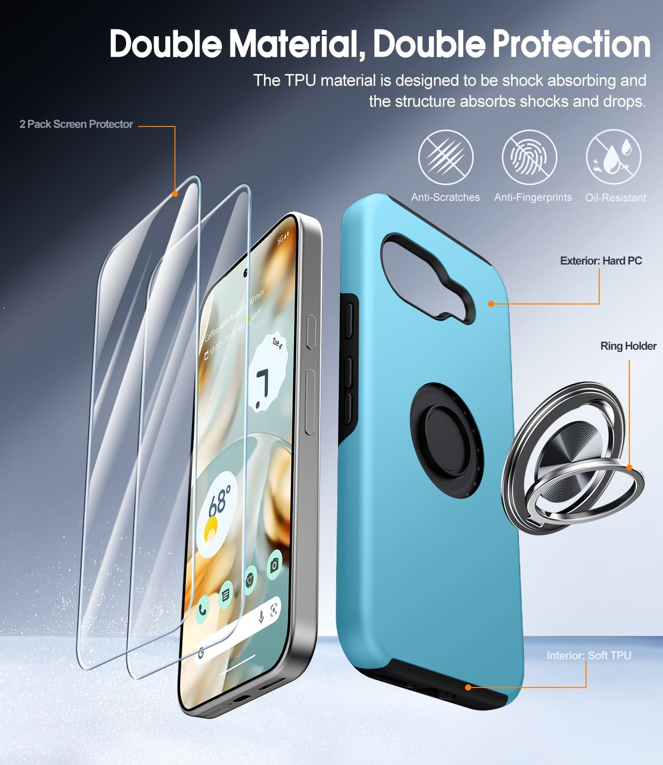 Detalle de AOUIA for Google Pixel 10A Case with 2-Pack Screen Protector and 360° Metal Ring Stand (Sky Blue)
